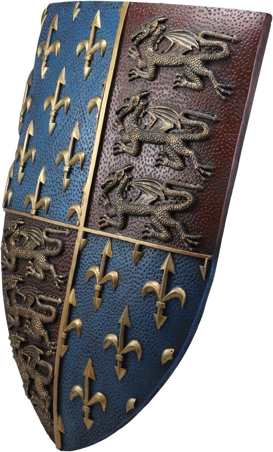 Ebros Gift Large Medieval Kingdom Knight Coat of Arms Le Fleur Symbols And 3 Dragons Royal Shield Wall Decor Plaque In Maroon And Blue Colors 19" Tall Heraldry House Of Nobility Symbols