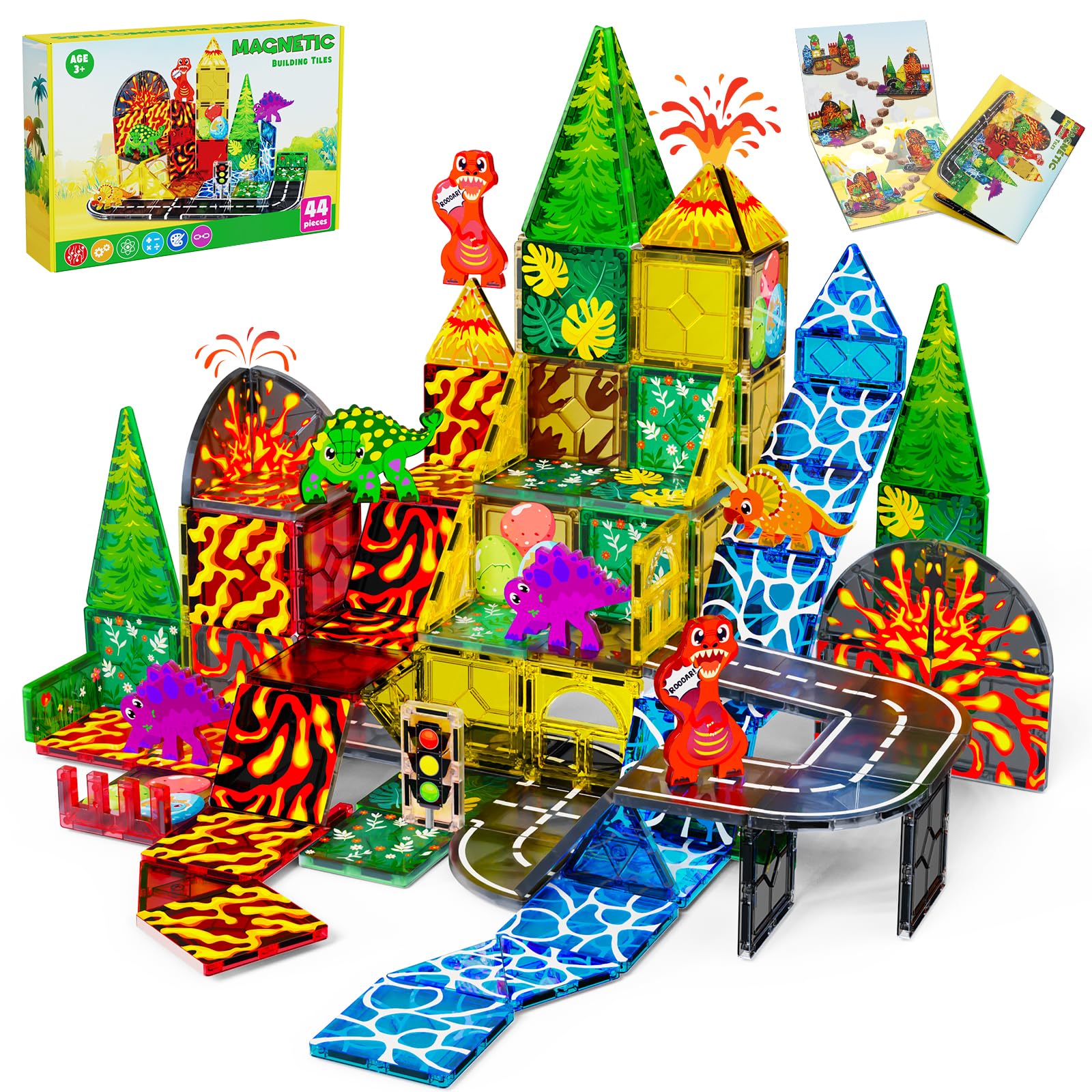 102PCS Dinosaur Toys Magnetic Tiles With 8 Dinosaurs - Jurassic Scenes Dinosaur World Adventure Set Magnetic Blocks Kids Toys Boys Girls Ages 3 Sensory Todd