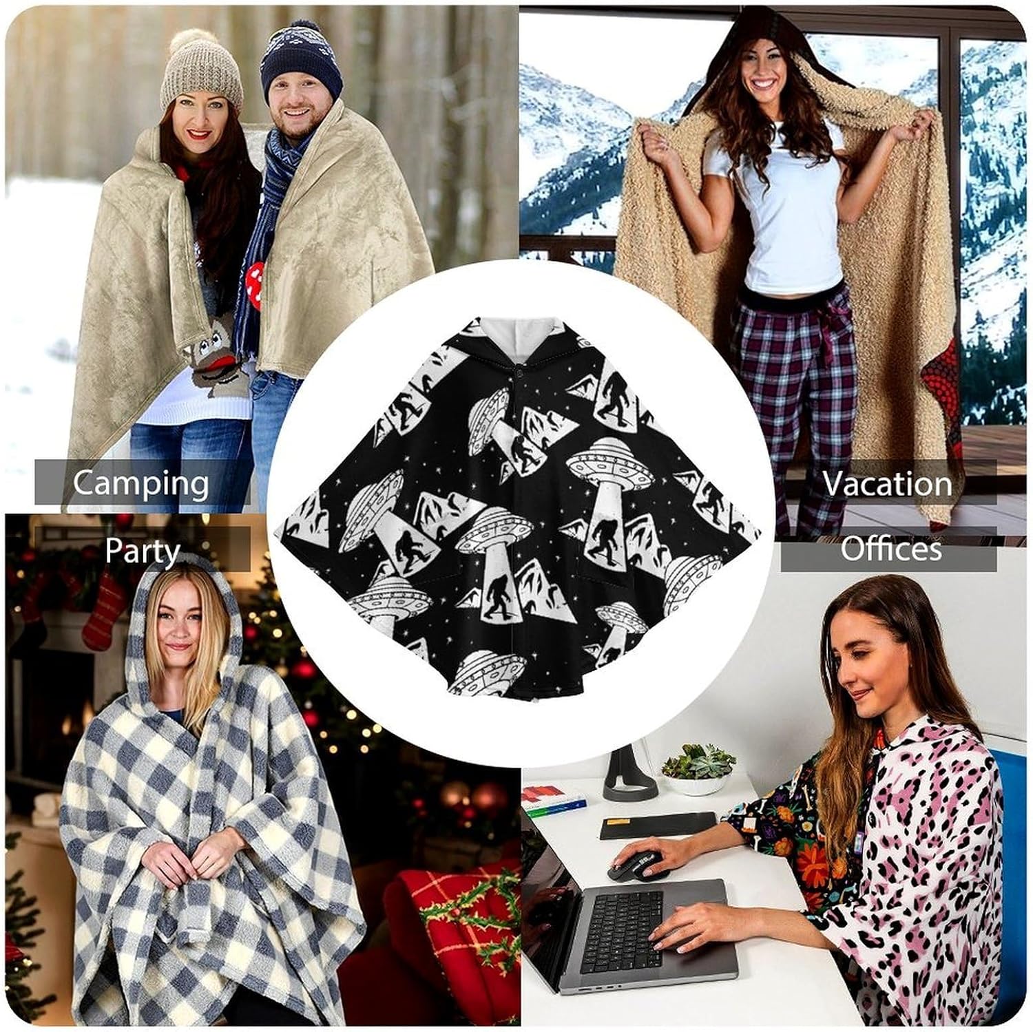 Bigfoot Spaceship Aliens Wearable Blanket with Hooded Flannel Blankets Cape with Pocket