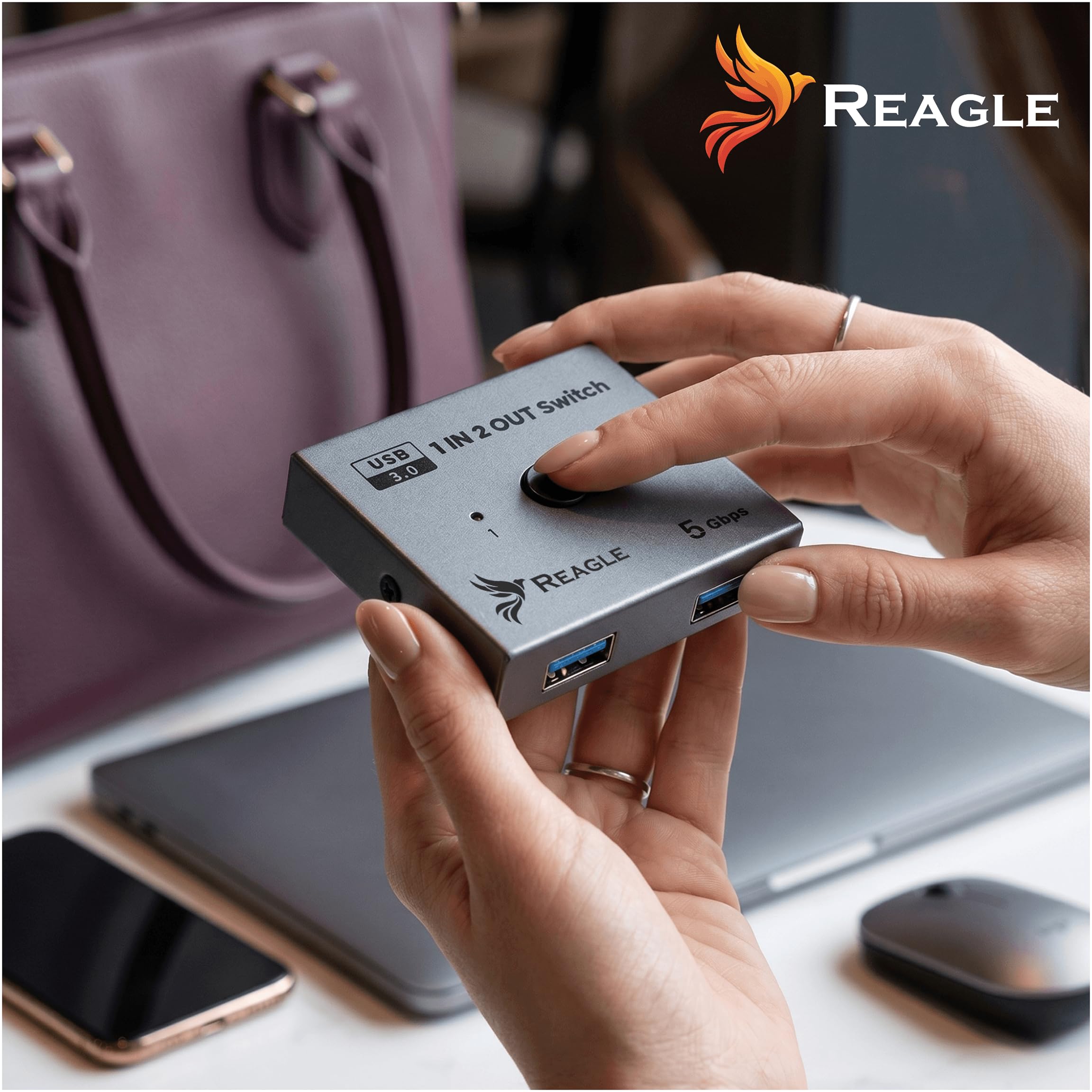 Reagle Switch USB 3.0 1x2 / 2x1, Dwukierunkowy Przełącznik USB A 5Gbps, 3 Porty USB 3.2 Gen 1, Plug & Play Aluminium do Klawiatury Myszy Drukarki Dysku USB PC Mac Linux