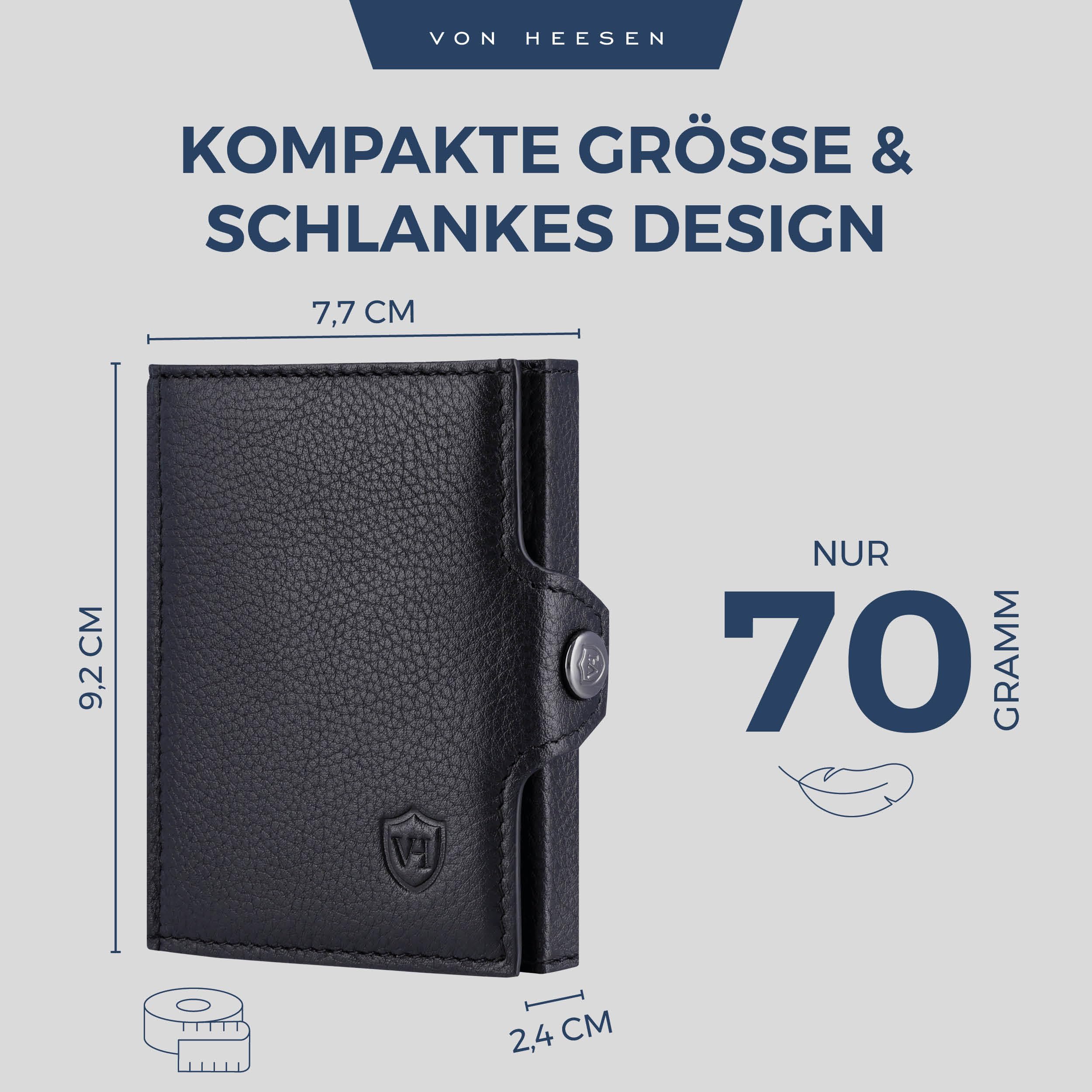 VON HEESEN Slim Wallet mit XL Münzfach & RFID-Schutz - Mini Geldbörse Herren & Damen - Kartenetui Kreditkartenetui - Portmonee Geldbeutel Portemonnaie klein Schwarz