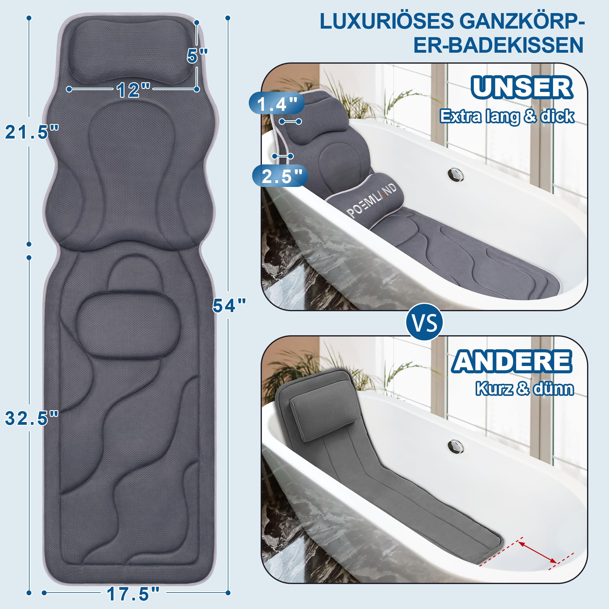 Poemland Luxus Dicke, volle Körper Badewannenkissen Mat & Cushion für Badewanne Kopfstütze Hals Schulter unterstützt Comfort Entspannung Spa Accessories