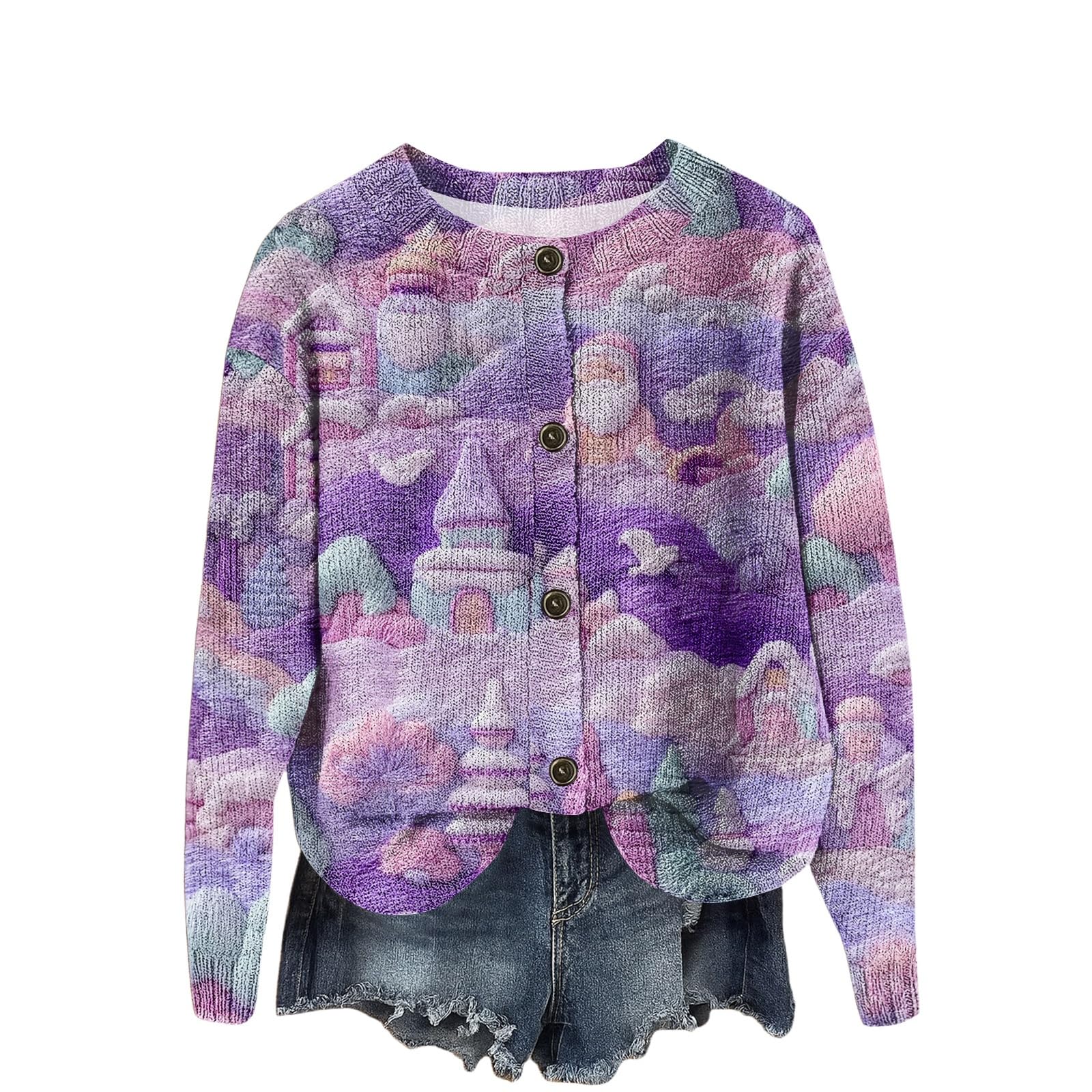 HXHYQKP Ugly Christmas Sweaters for Women Plus Size Vintage Funny Cardigan Button Up Cute Knit Santa Xmas Sweater