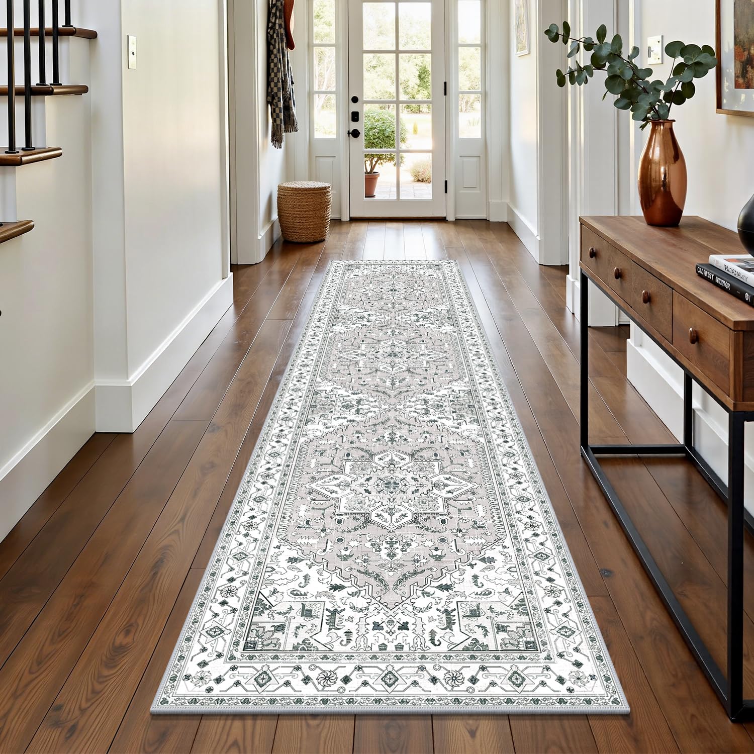 Yamaziot Washable Runner Rug, 2x8 Non-Slip Boho Vintage Hallway Kitchen Rug | Stain Resistant,Low Pile, Soft Distressed Floor Carpet with Rubber Backing for Bedroom, Kitchen, Laundry, Entrance 2' x 8' Light Grey