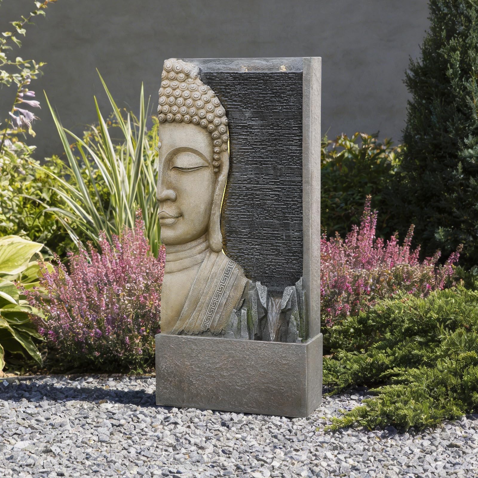 Sunlinua 117cmH Zen-Buddha Gartenbrunnen mit LED, Wasserfall mit Doppel-Bubblern und Bachlauf, Harz-Statue für Terrasse, Garten, Veranda, Meditations-Dekor, Grau