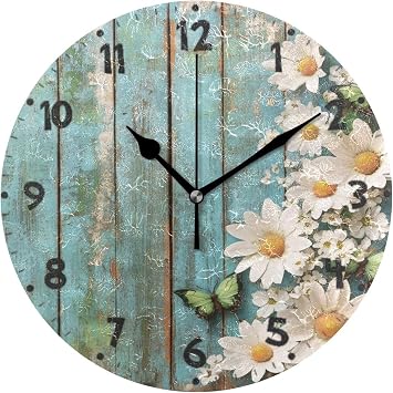 Daisies Butterfly Wall Clock 10 Inch Silent Non-Ticking Battery Operated Round Wall Clock for Living Room, Home, Bathroom, Office Decor