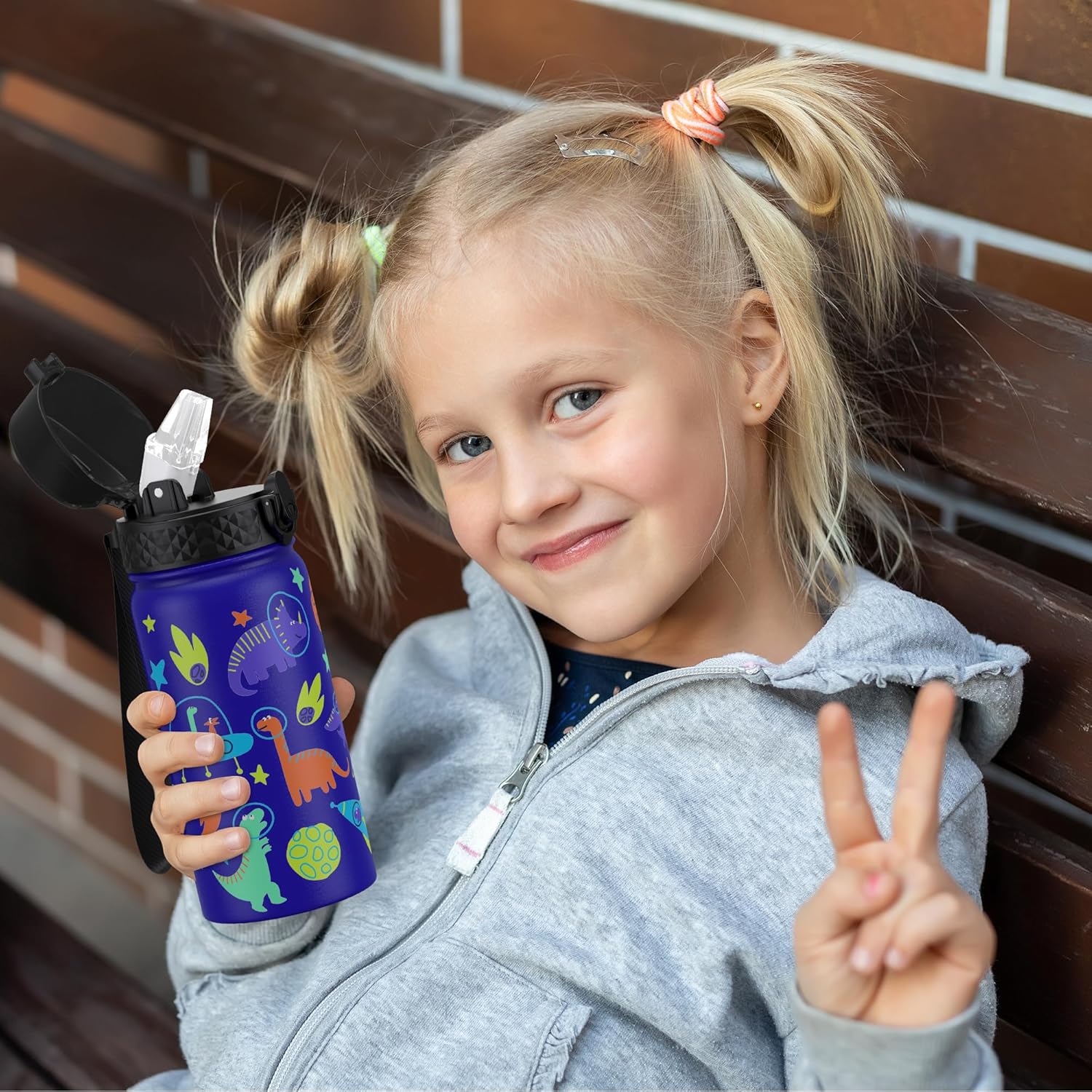 GOPPUS Kids Water Bottle (Straw Lid) - 14 Oz Stainless Steel Travel Bottle, Double Wall Vacuum Leak Proof Kids Cup for School Boys Girls,Blue Space dinosaur - Image 8