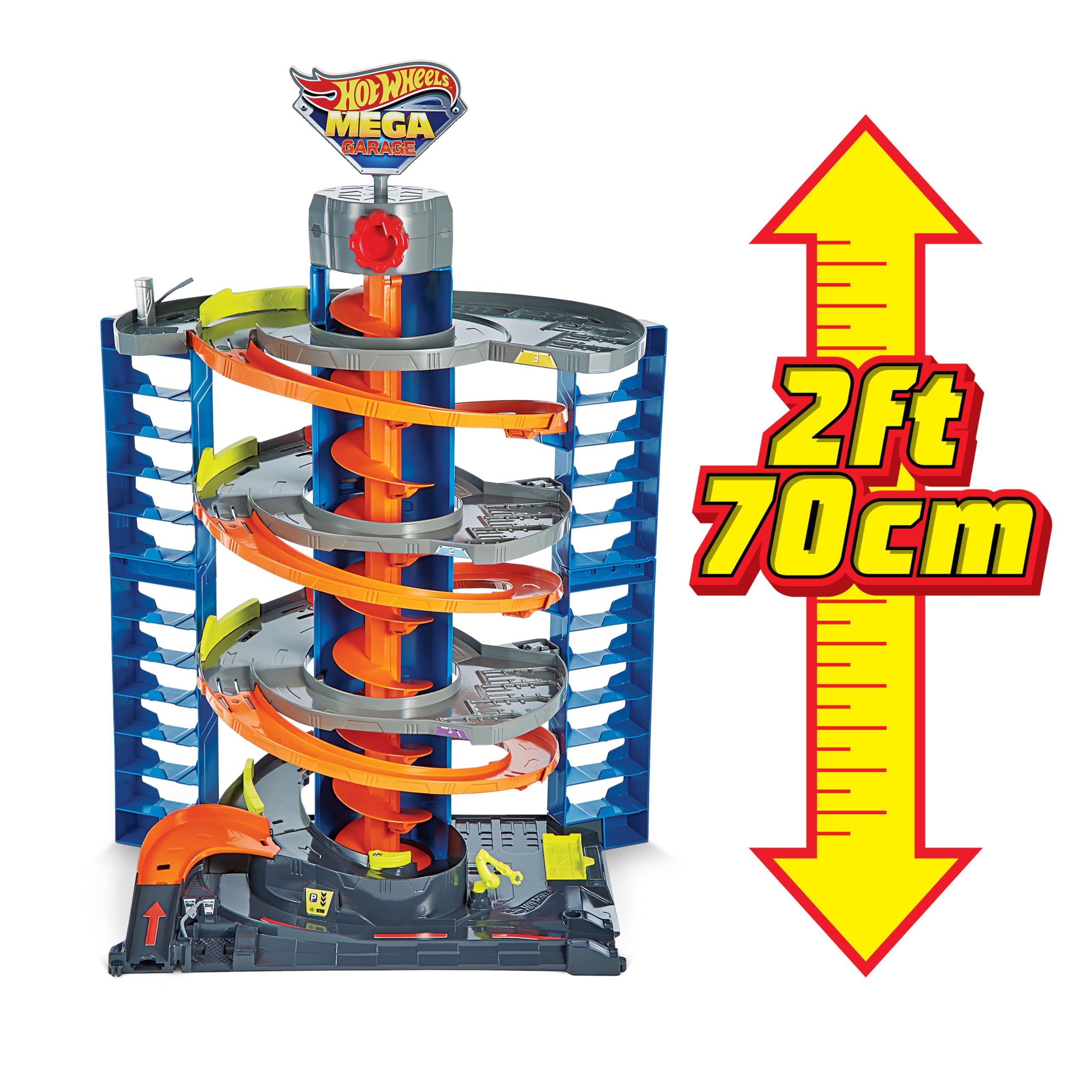 Hot Wheels- City Mega Garage Twist Playset con Ascensore a Spirale e Oltre 60 Posti Auto, Include 1 Macchinina in Scala 1:64, Giocattolo per Bambini 4+ Anni, GTT95