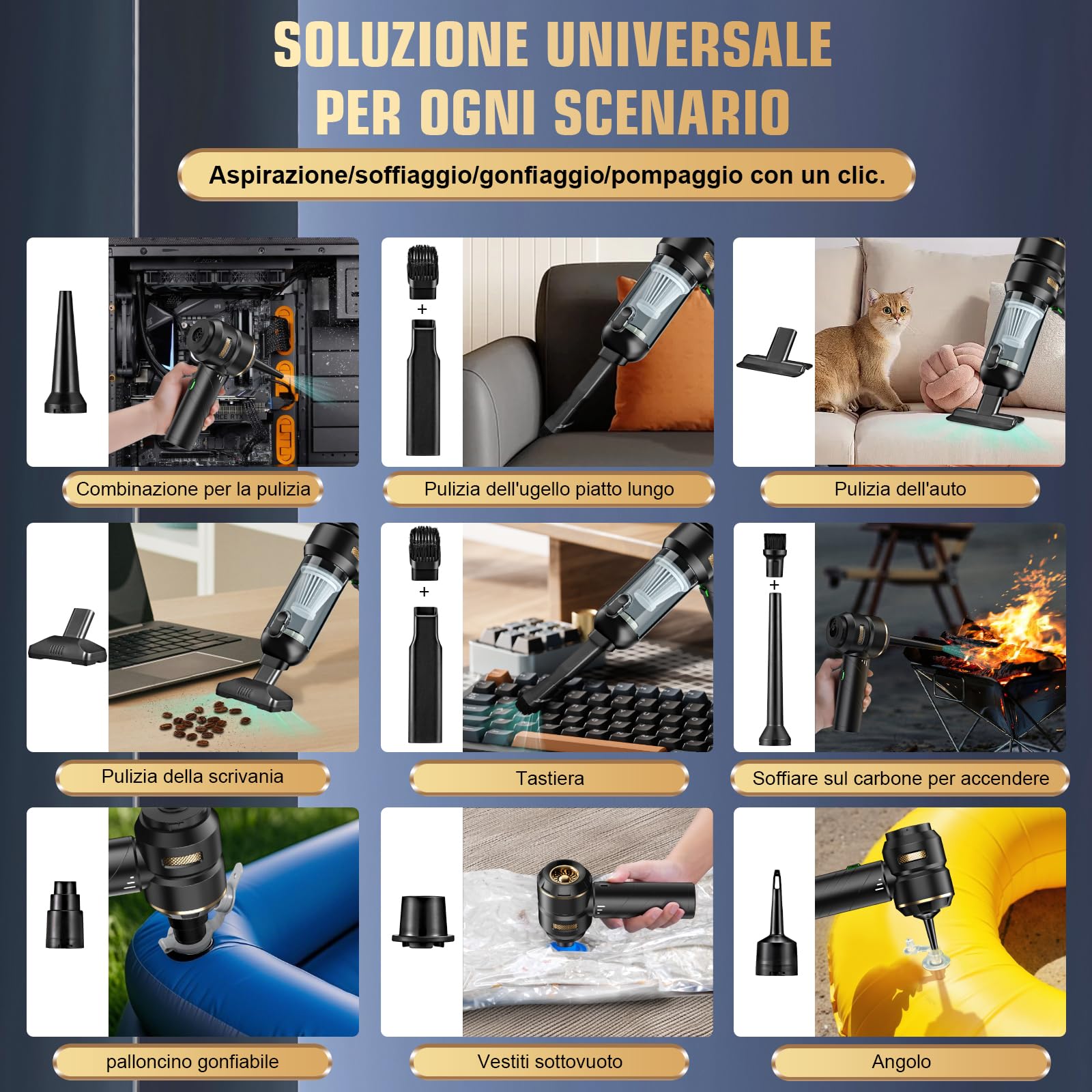 Aspirapolvere a mano a batteria 4 in 1, per auto, forte, 25000 PA senza fili, 3 marce, 220000 giri/min, per auto, cucina, PC, divano, ufficio, pulizia dei peli di animali domestici (giallo oro)