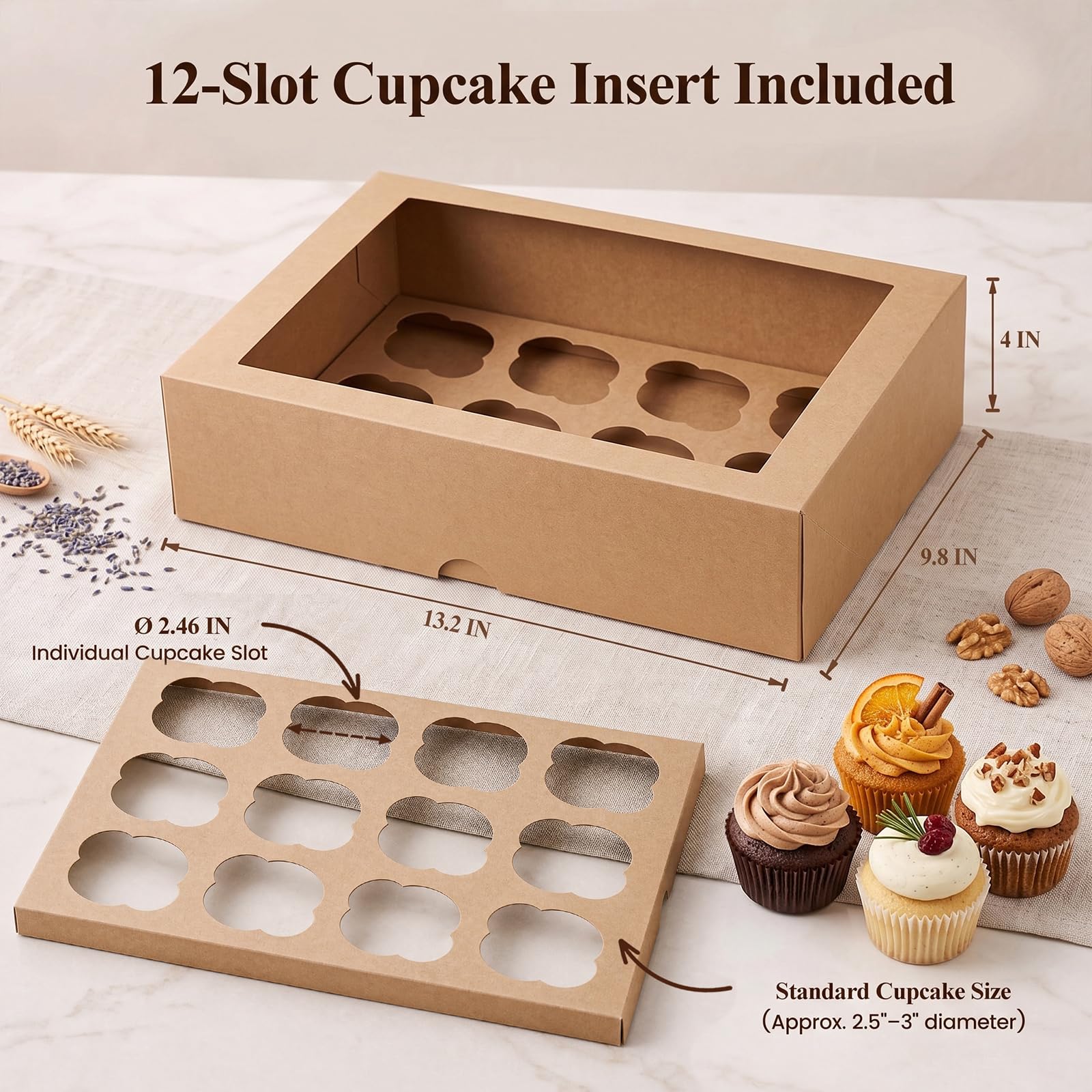 VGOODALL Auto Pop-Up Kraft Cupcake Boxes with Window, 3 Pack 12 Count