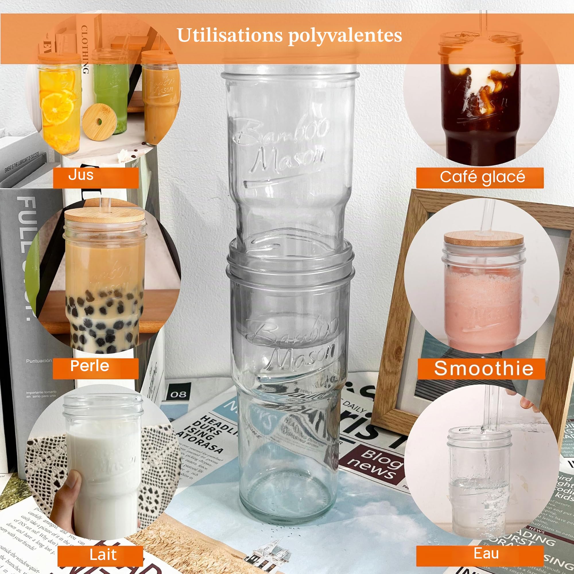 ANOTION Lot de 4 verres en verre avec couvercles et pailles, tasse à café de voyage de 600 ml, pot Mason à large ouverture, tasse à café glacé, tasse à smoothie, tasse en verre, tasse à thé, tasses à