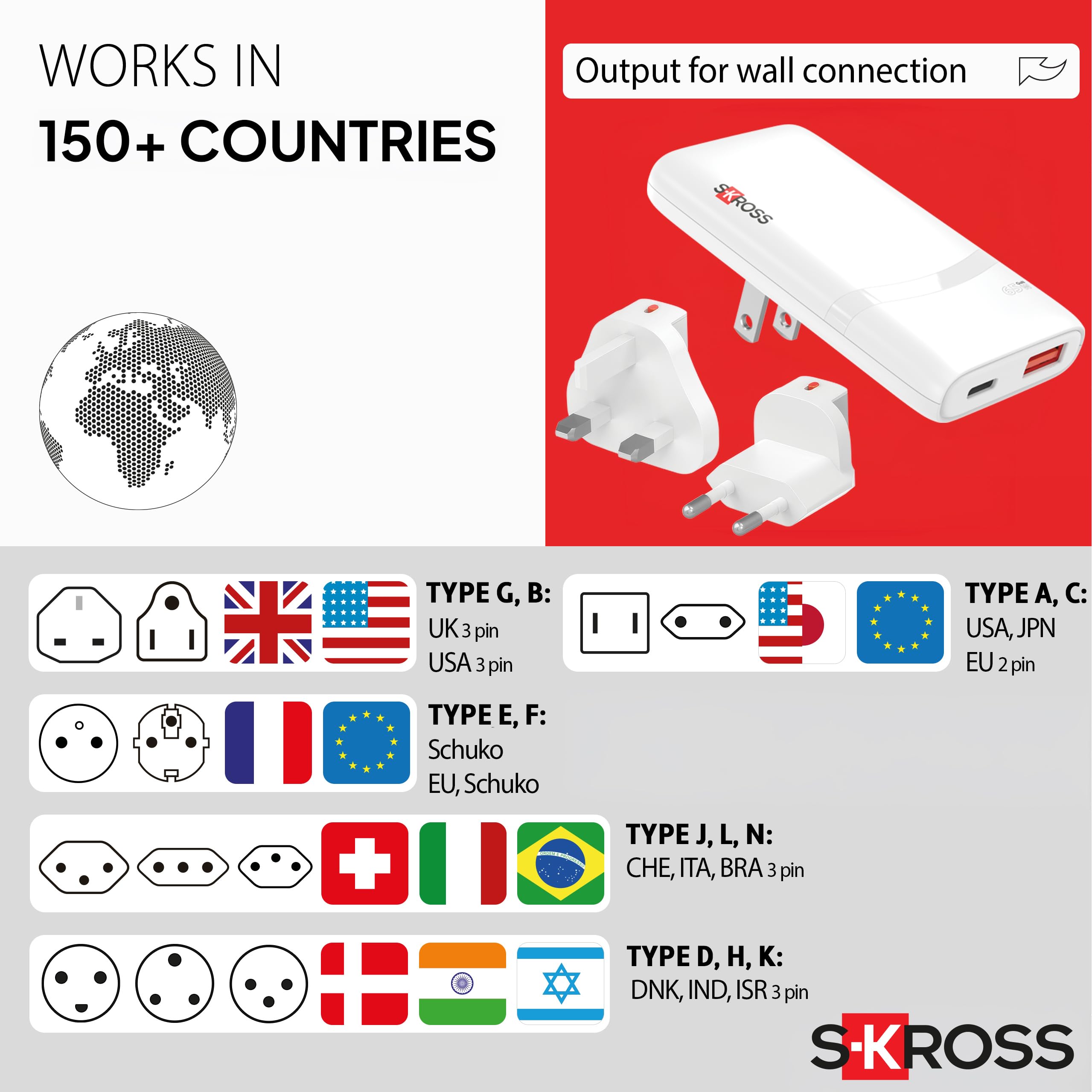 SKROSS - Caricabatterie slim da parete 65W multipresa EU/UK/USA due porte USB-A e USB-C carica 2 dispositivi in contemporanea
