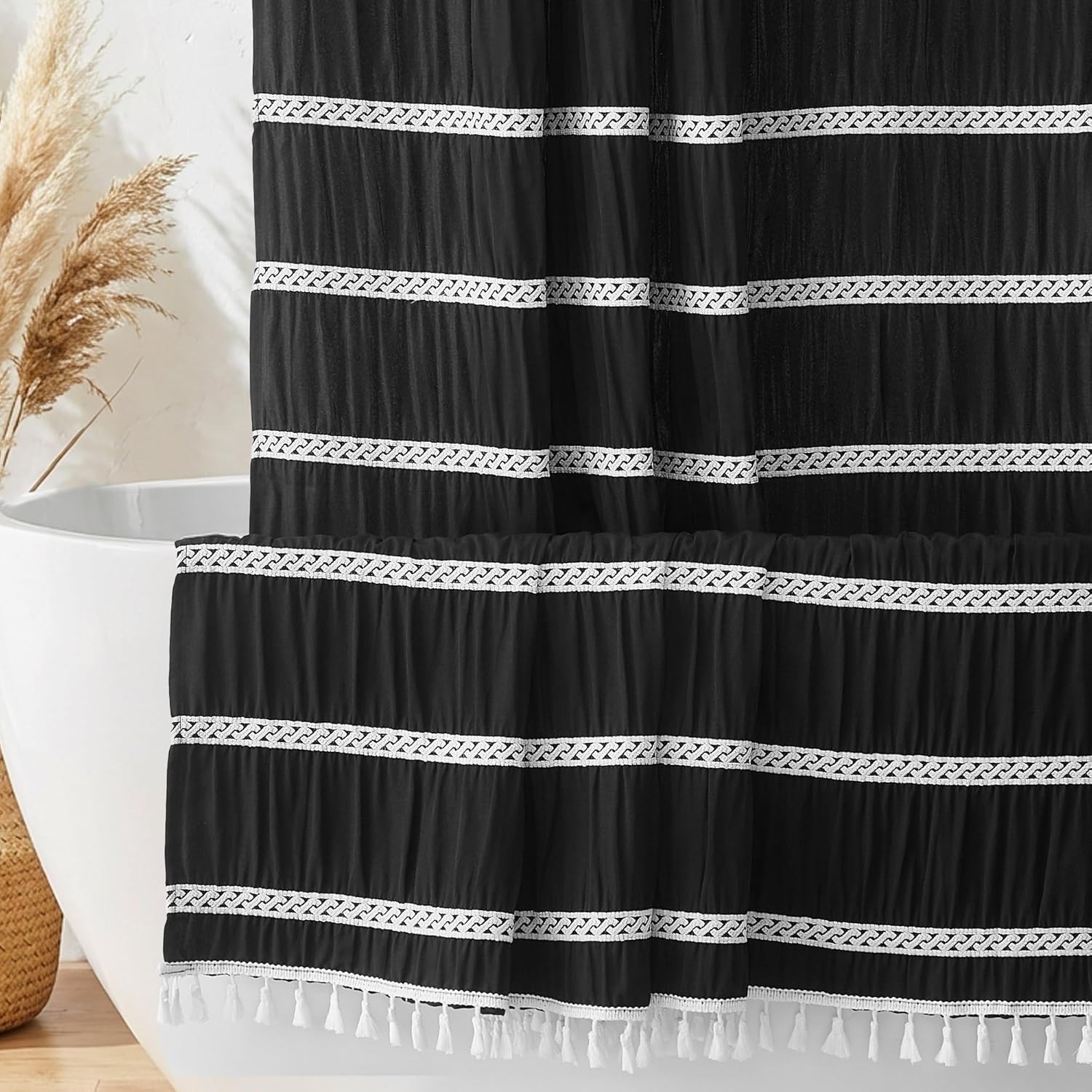 Siiluminisoy Black Shower Curtain Fabric Farmhouse Shower Curtain Rustic Striped Cotton Blend Thick Boho Shower Curtains for Country Bathroom Decor, 72" x 72"