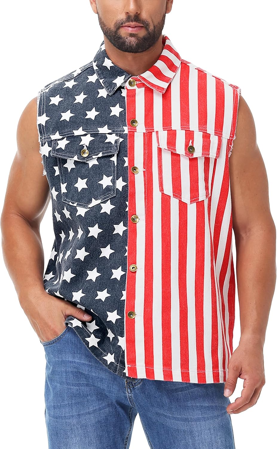 AOBUTE Mens 4th of July Denim Vest American Flag Print Sleeveless Jean Jacket