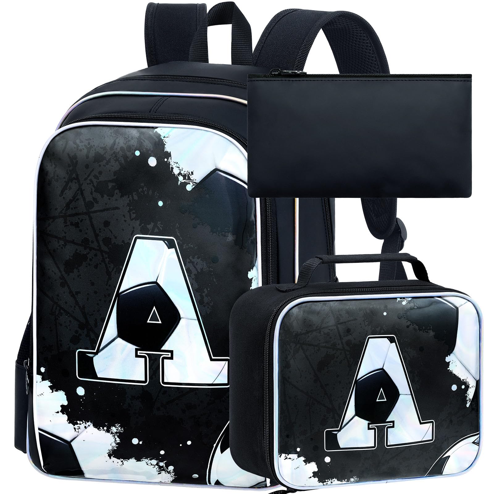 AGSDON 3PCS Soccer Backpack for Boys, 17" Kids Bookbag Water Resistant and Lightweight with Lunch Box for Teen