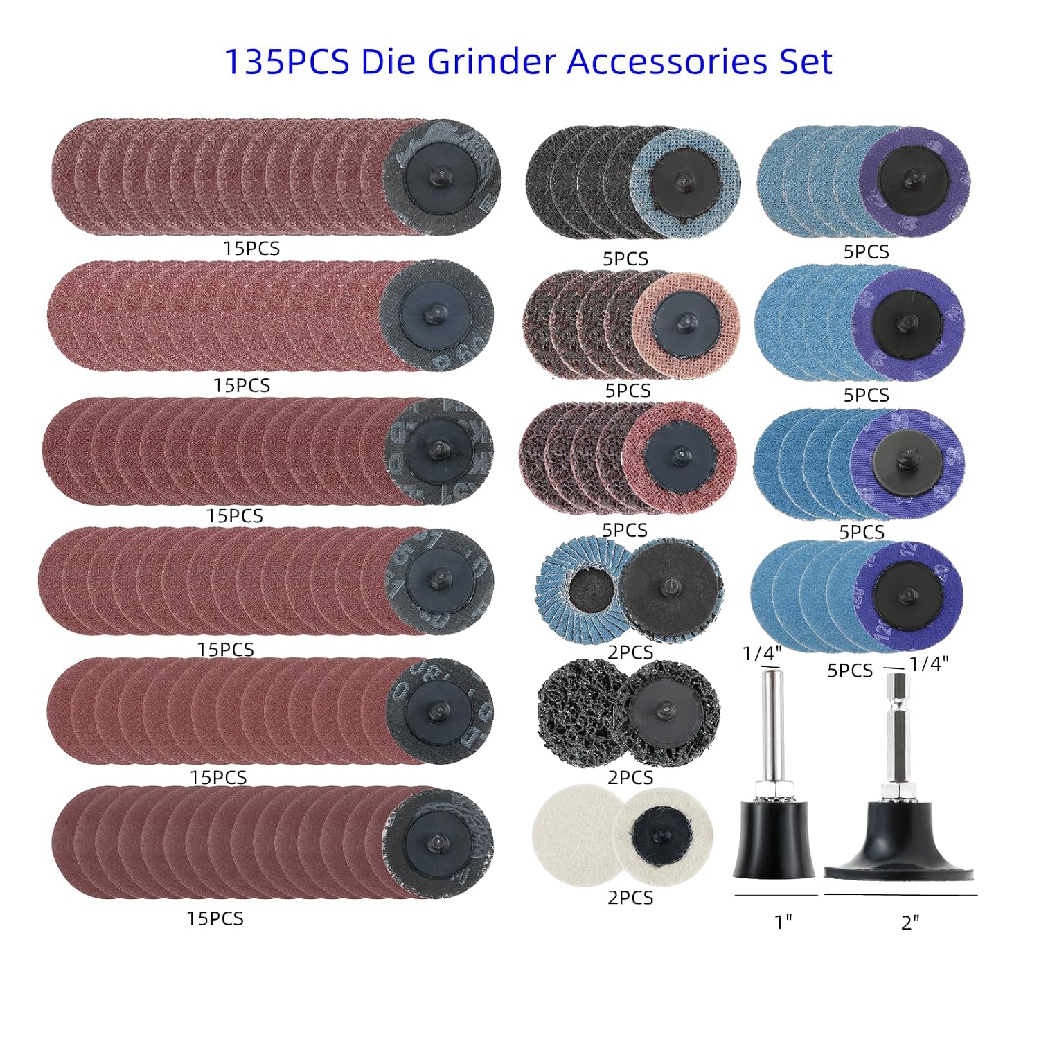 dophee 135PCS 2 Inch Die Grinder Sanding Discs Kit Compatible with Milwaukee Dewalt Right Angle Die Grinder, Quick Change Discs with 1/4 inch Holder Surface Conditioning Grinding Accessories