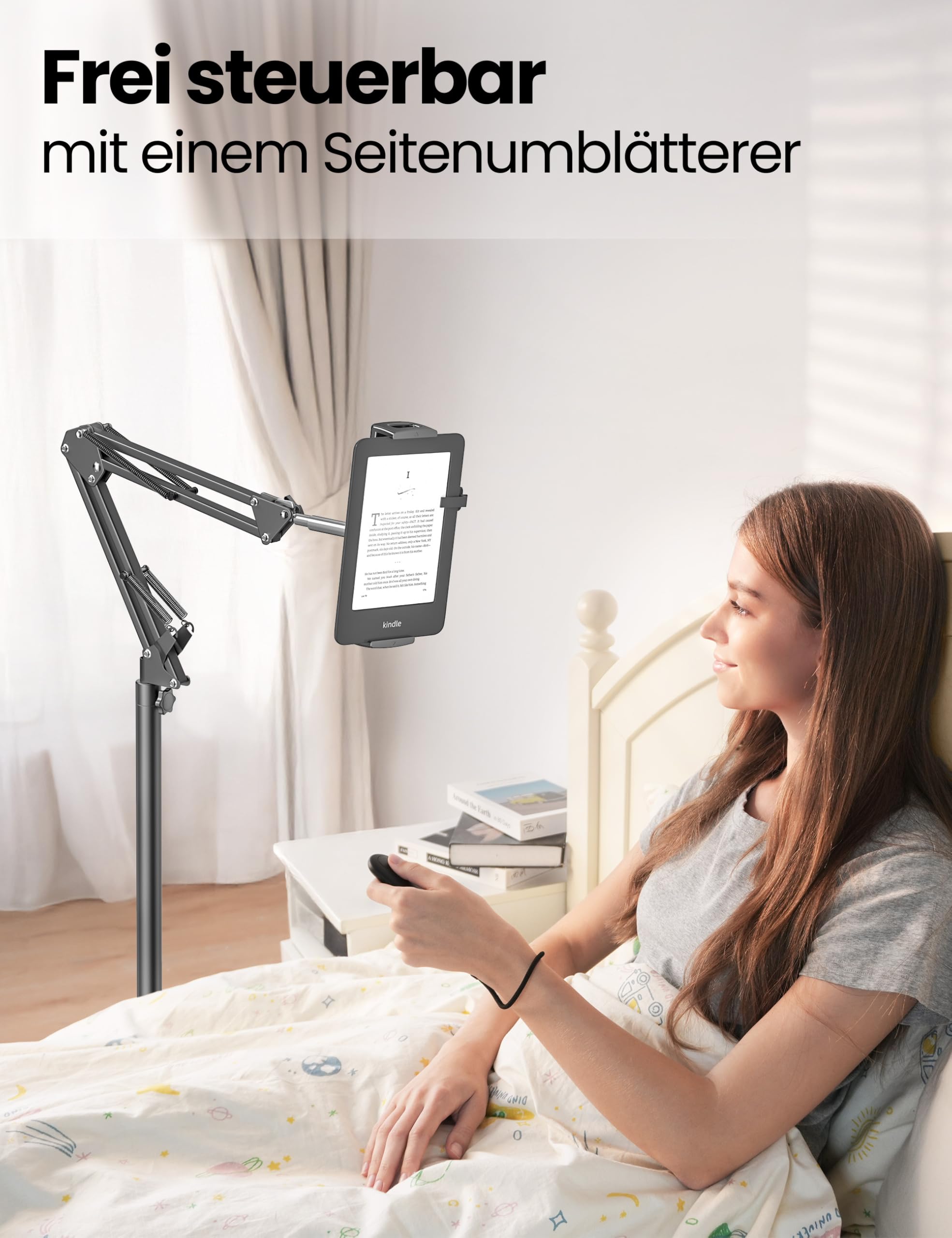 VOLTIFYMAX Tablet Bodenständer mit Kindle Fernbedienung, Verstellbarer Tablet Halterung für Kindle zubehör Paperwhite/Oasis/Kobo, iPad/Pro/Mini, Phone, Samsung Tab, 4.7-13 Zoll (schwarz)