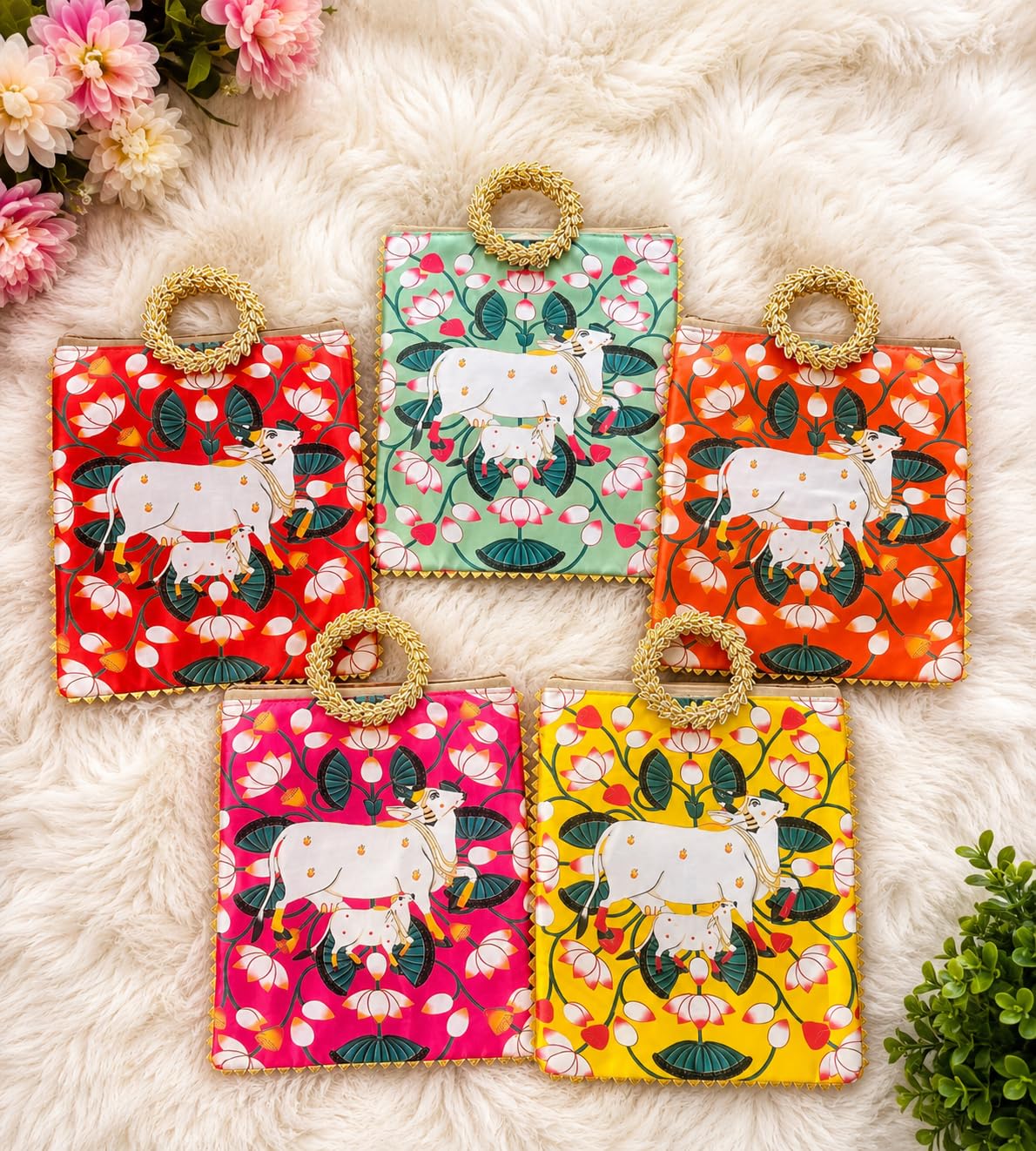 Wedding Return Gift Bags Set of 2, Pichwai Cow Print Design (Yellow-Green)-image-20