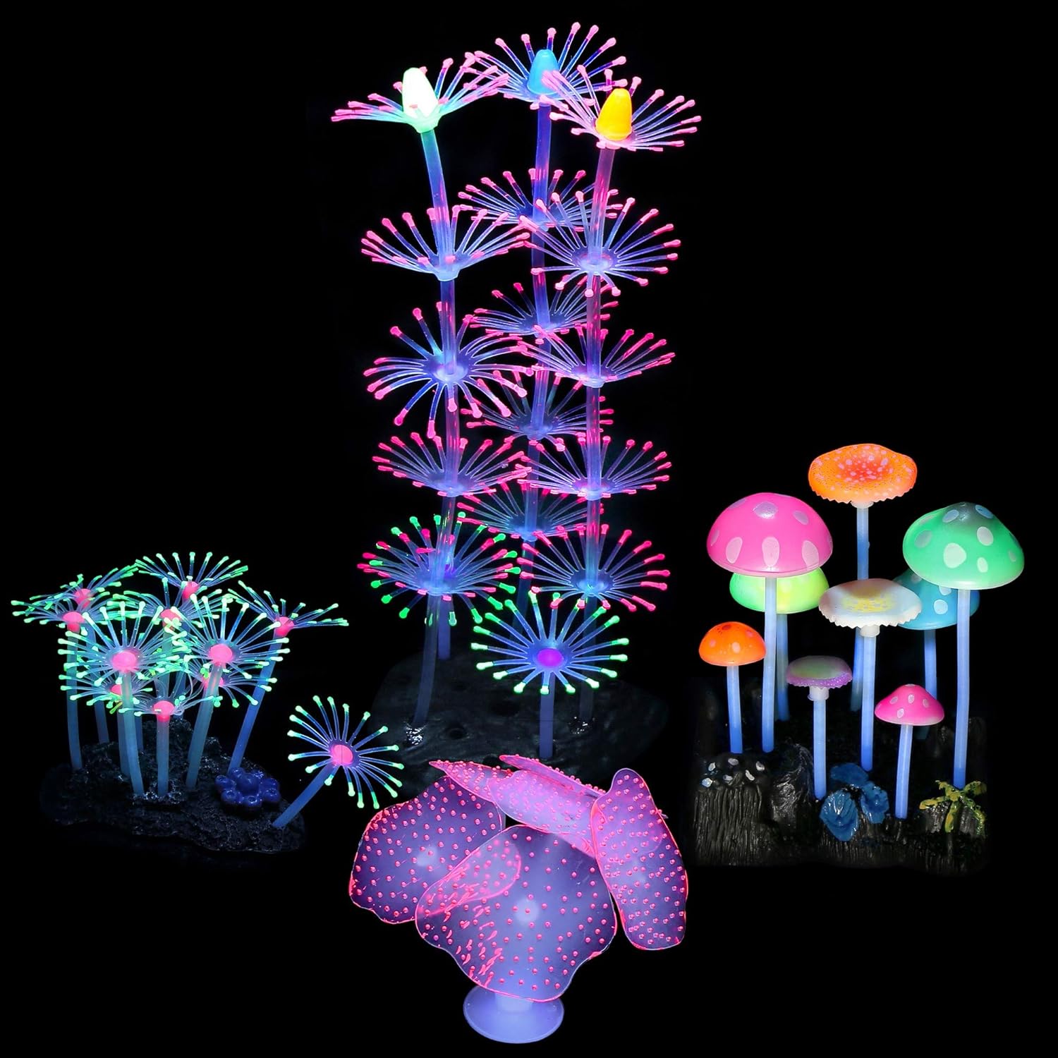 4 Pack Aquarium Fish Tank Decorations: Coral, Mushroom, Anemone, Plants Kit – Glowing Fish Tank Decorations for Small and Large Aquarium Decor Accessories