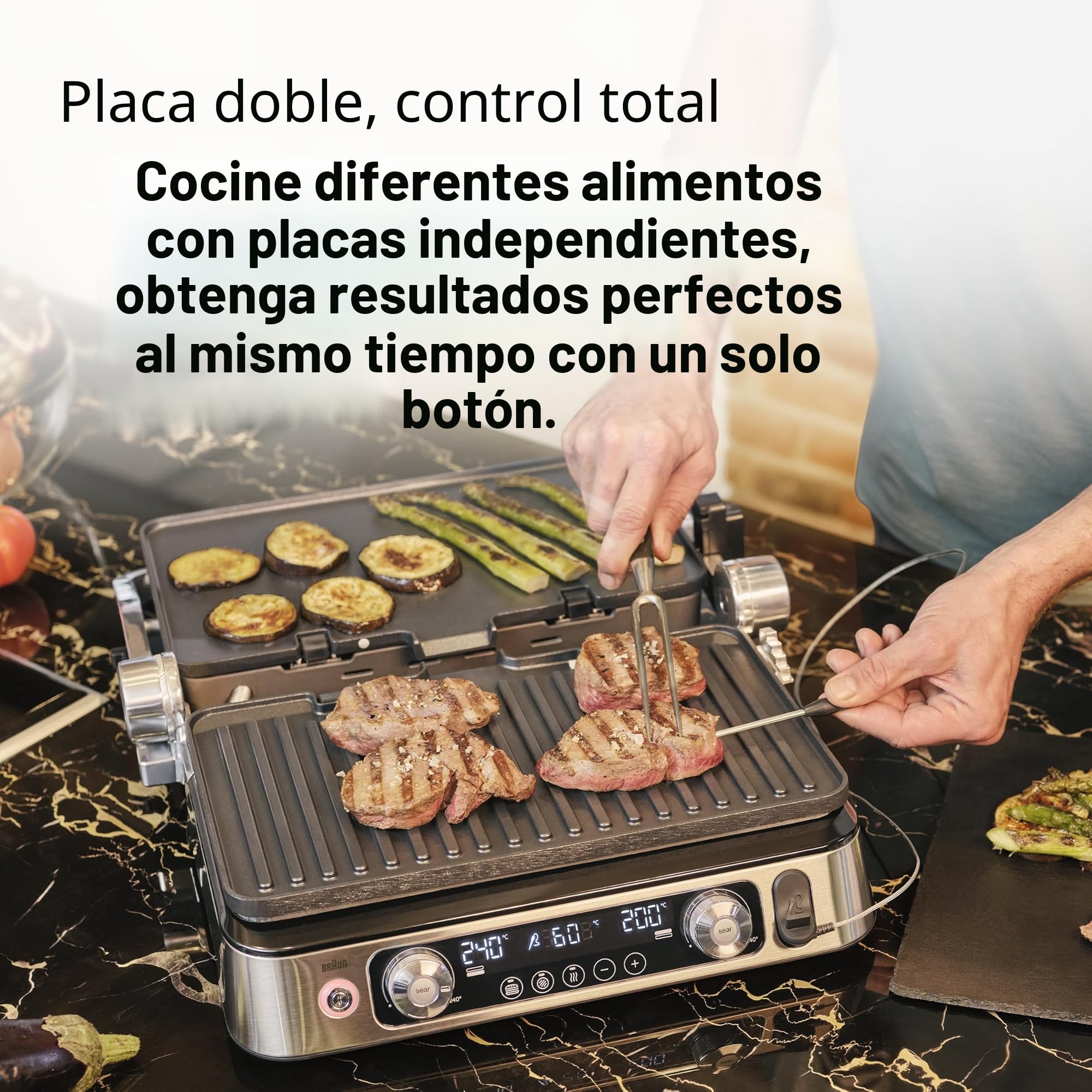 Braun MultiGrill 9 CG 9167, Plancha Eléctrica con Placas Planas, Parrilla y Gofres, 2 Termostatos Independientes, 3 Posiciones, Sonda Térmica, Apta para Lavavajillas, 2000W, Negro/Acero Inoxidable