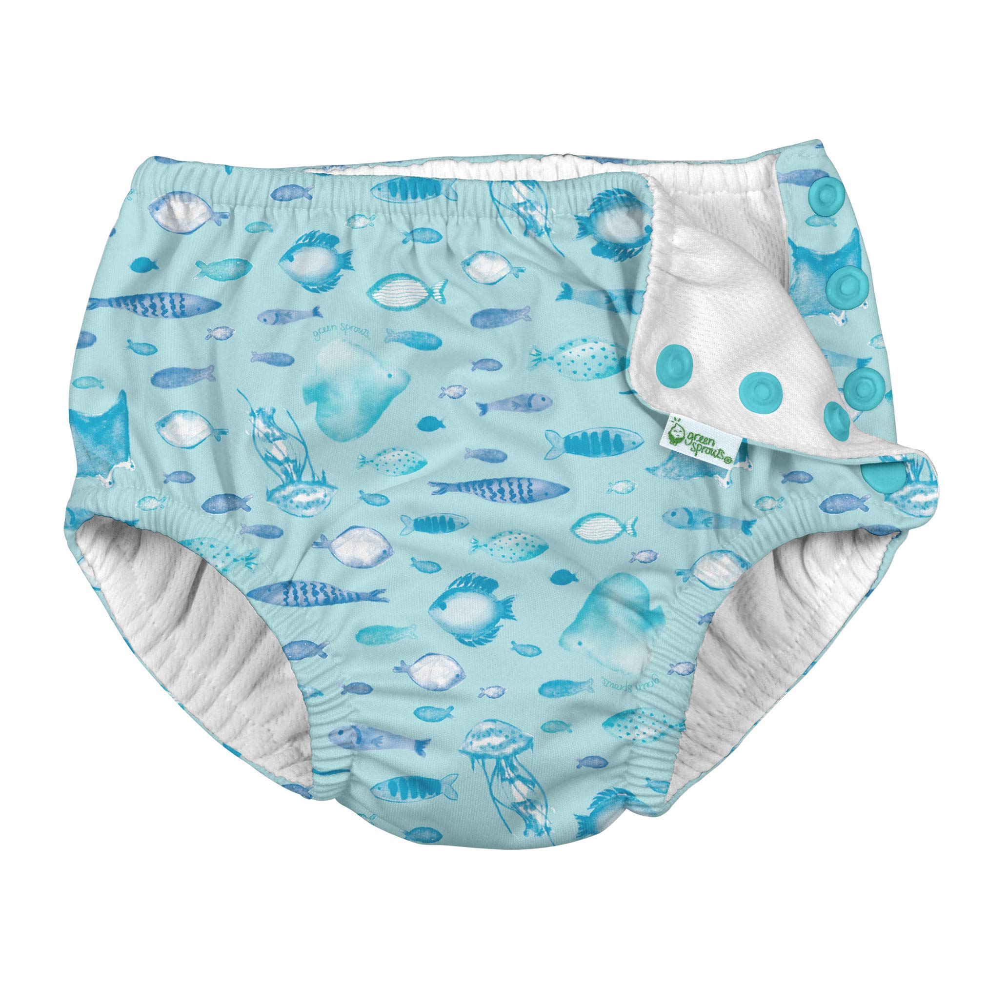 i play. by green sprouts baby boys Trunks With Built-in Reusable and Toddler Swim Diaper, Light Aqua Fish, 6 Months US