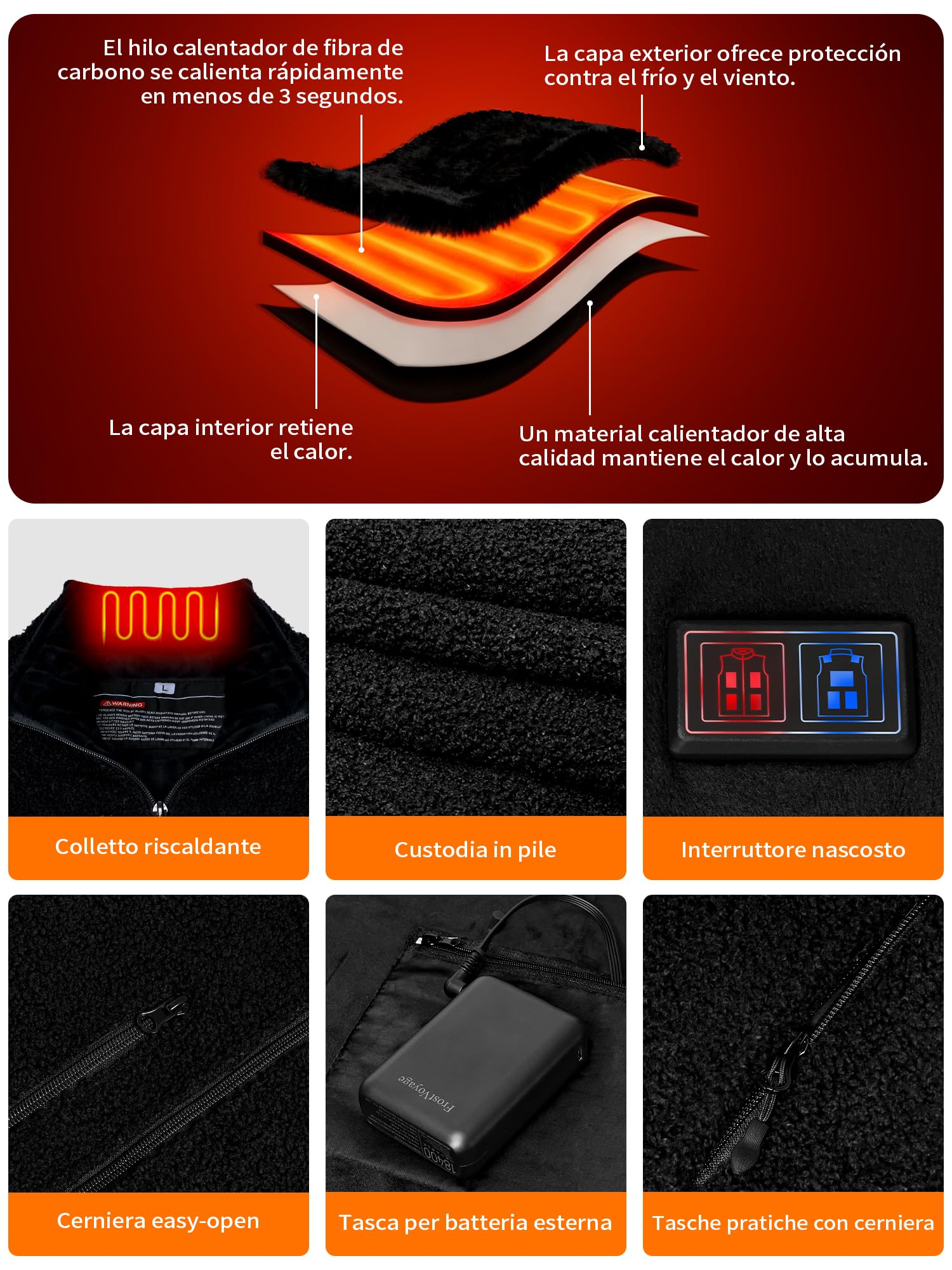 Chaleco de forro polar con batería recargable 18400 mAh 10 zonas calor 3 modos calentamiento