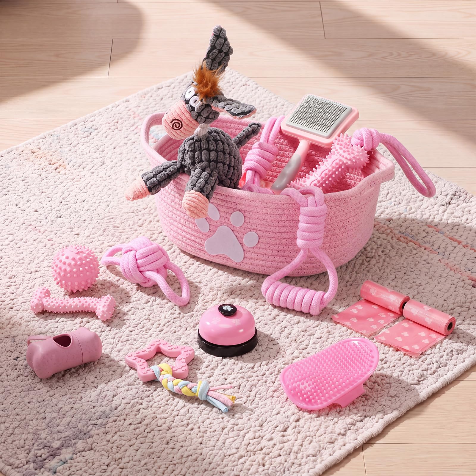 Zopeal 17-teiliges Sommer-Welpen-Geschenk-Set, Hundespielzeug und Essentials-Set mit Kauspielzeug, Kotbeutelspender, Fellpflegebürste, Trainingsglocke, Decke und Seilkorb (Rosa, Esel)