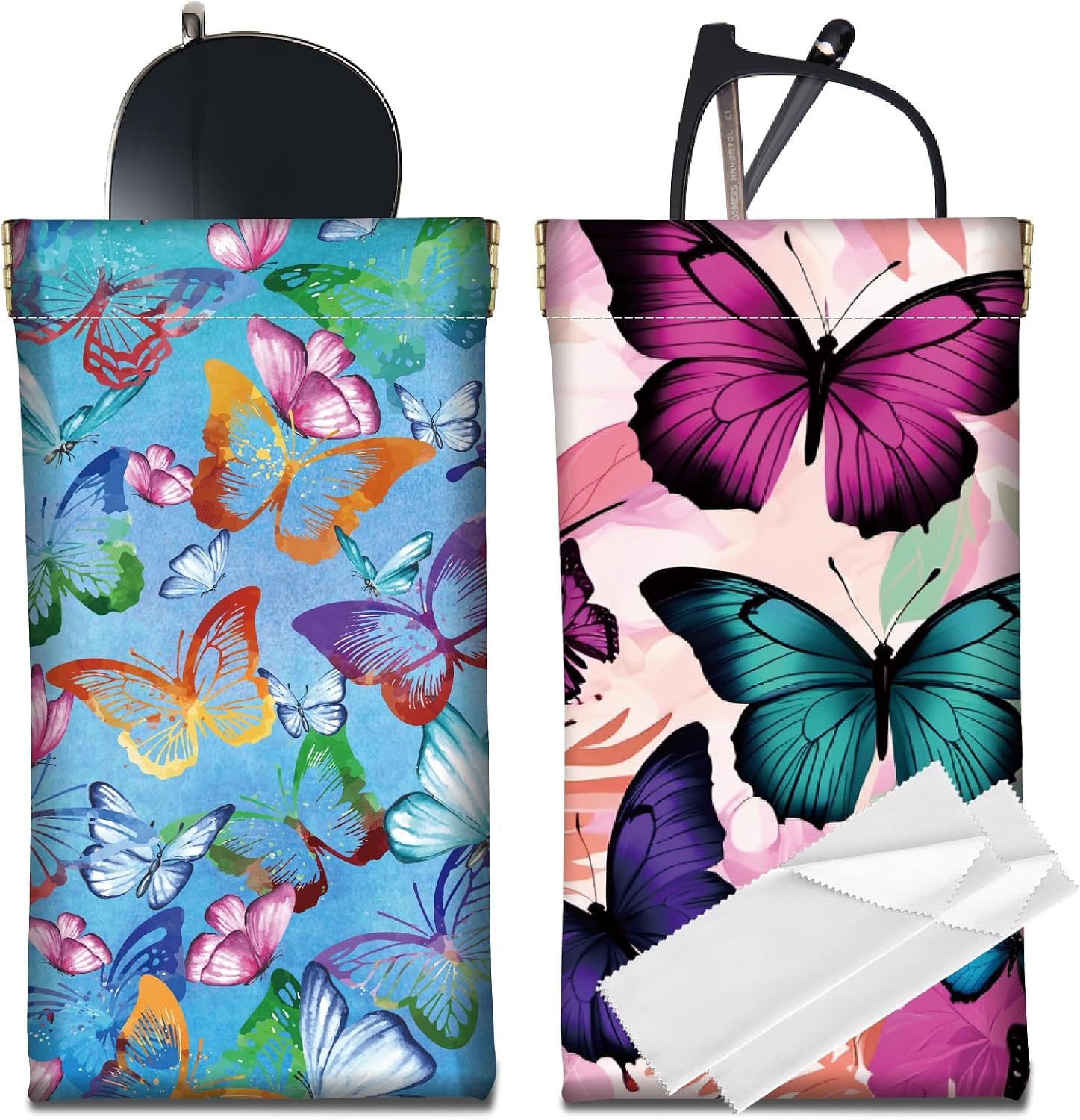 CREATCABIN 2Pcs Leather Sunglasses Case Portable Slim Glasses Case Bag Eyeglass Holder Pouch Cover Squeeze Travel Lightweight with Soft Cleaning Cloth Gift for Women Men Colorful Butterfly 7x3.5 Inch
