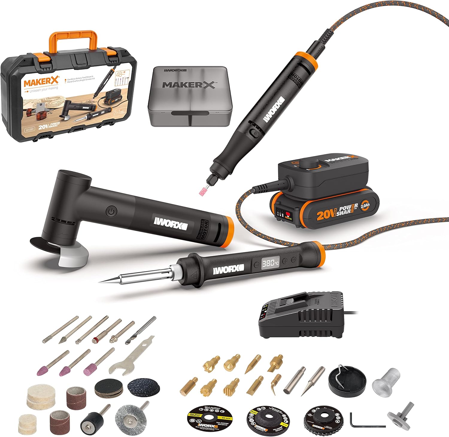 Worx 20V 3Tool MakerX Combo Kit WX991, PowerShare, Rotary Tool+Wood