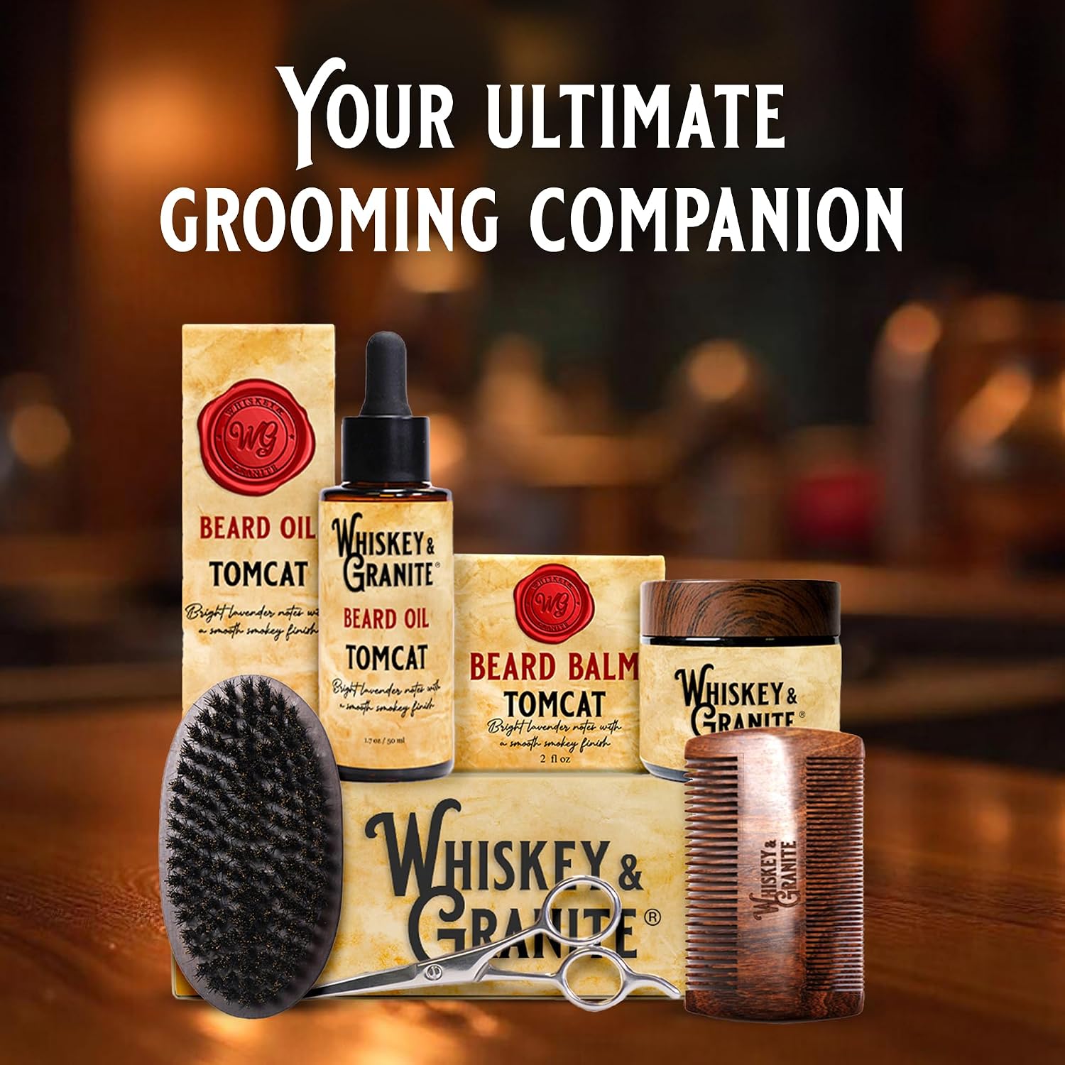 Whiskey & Granite Beard Kit for Men – 100% Natural Ingredients (Tomcat). Includes beard oil and balm, comb, brush, and scissors.