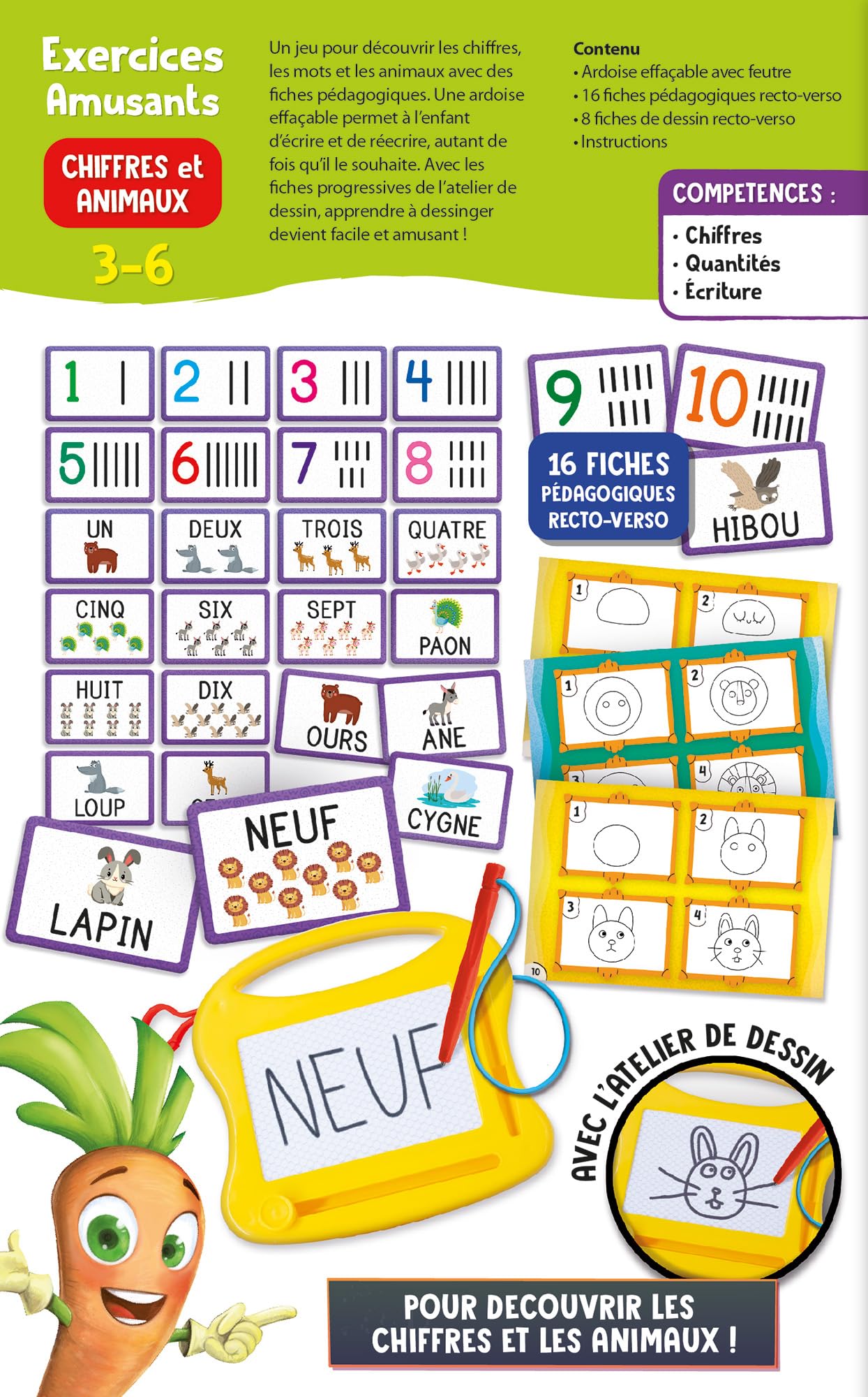 Lisciani CAROTINA Exercices Amusants Chiffres ET Animaux Jeu Apprendre Chiffres Enfants 3 Ans Ardoise Effaçable