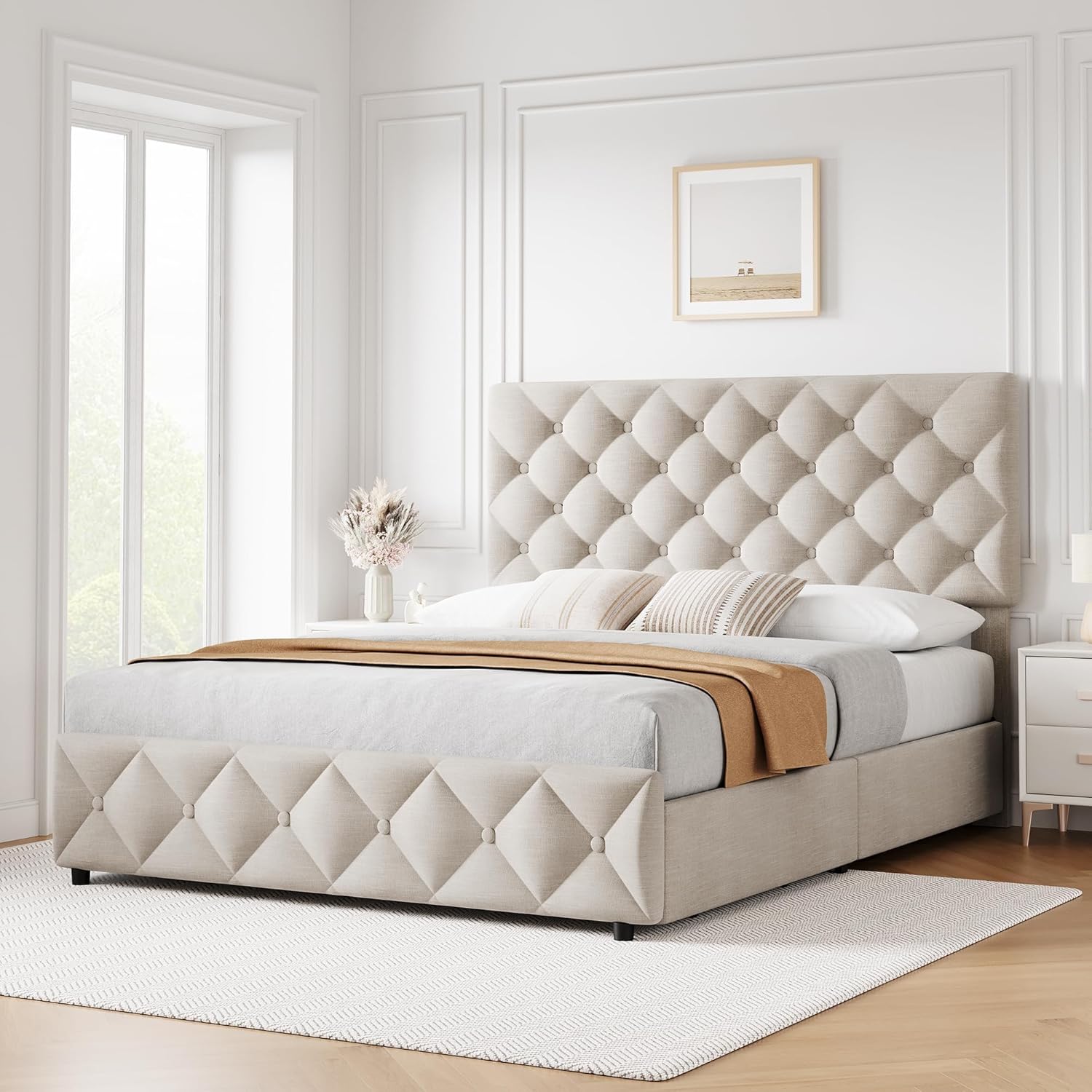 Queen Size Bed Frame with 4 Drawers and Headboard, Tufted Design, Linen Upholstered Platform Bed Frame, Wooden Slat, No Box Spring Need, Beige