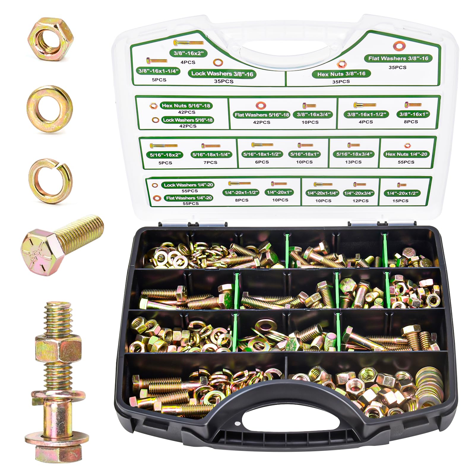 Foliv 523PCS Grade 8 Bolt Assortment Kit - Heavy Duty Bolts and Nuts Kit, 3/8-16 x 1-2" SAE Coarse Thread, Yellow Zinc Plated, High Tensile Strength for Automotive, Machinery & Construction