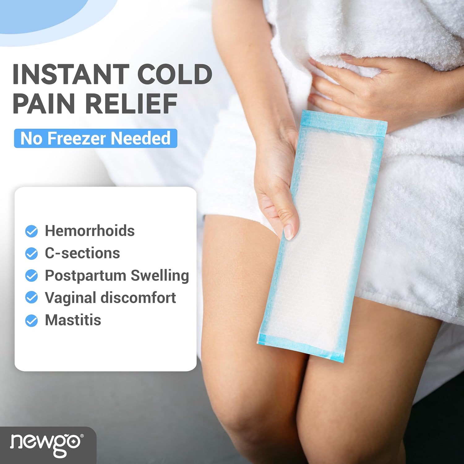 NEWGO Disposable Instant Perineal Cold Packs for Postpartum, 12 Pcs, 13.7" x 4.5", Postpartum Essentials Absorbent Pad, Pain Relief for Women After Delivery & Vaginal Discomfort