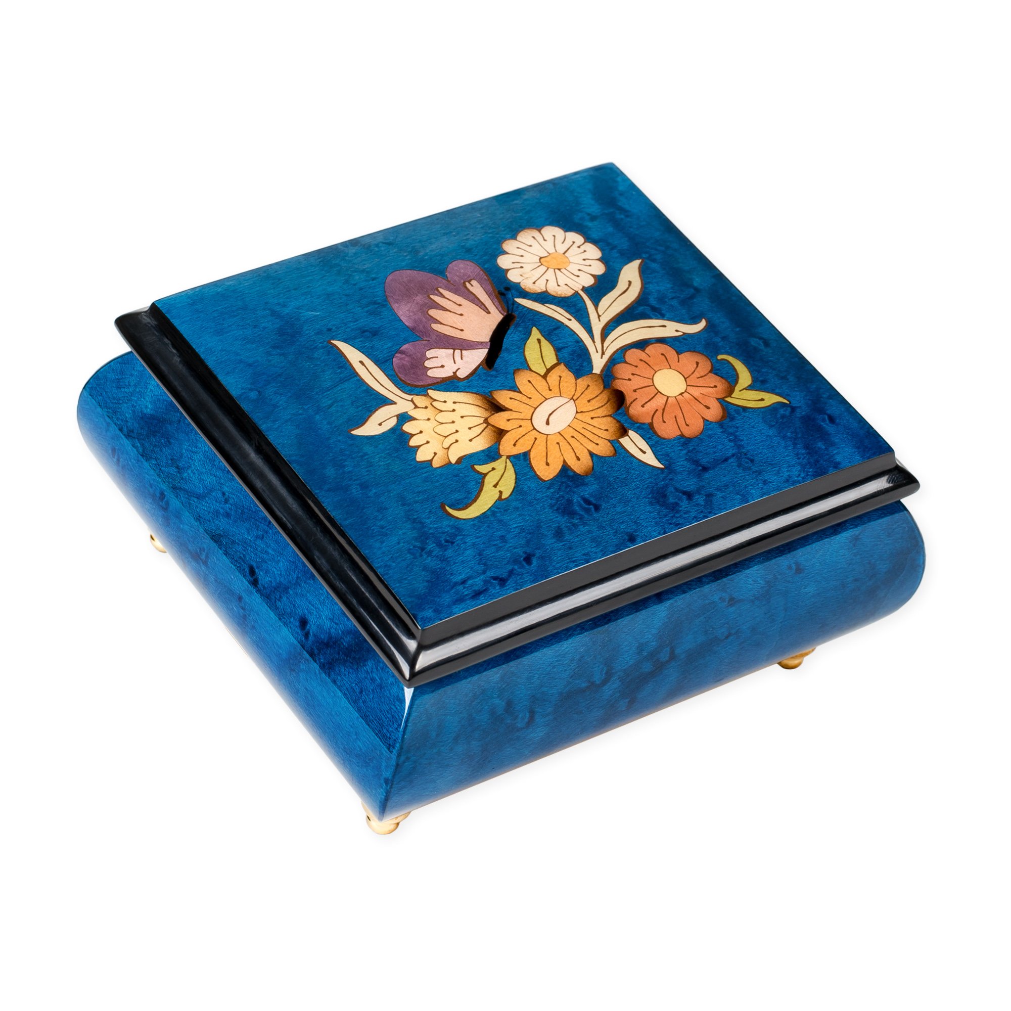 Blu scuro farfalla italiana realizzata a mano in legno di olmo Musical box plays Tune Blue Danube Waltz
