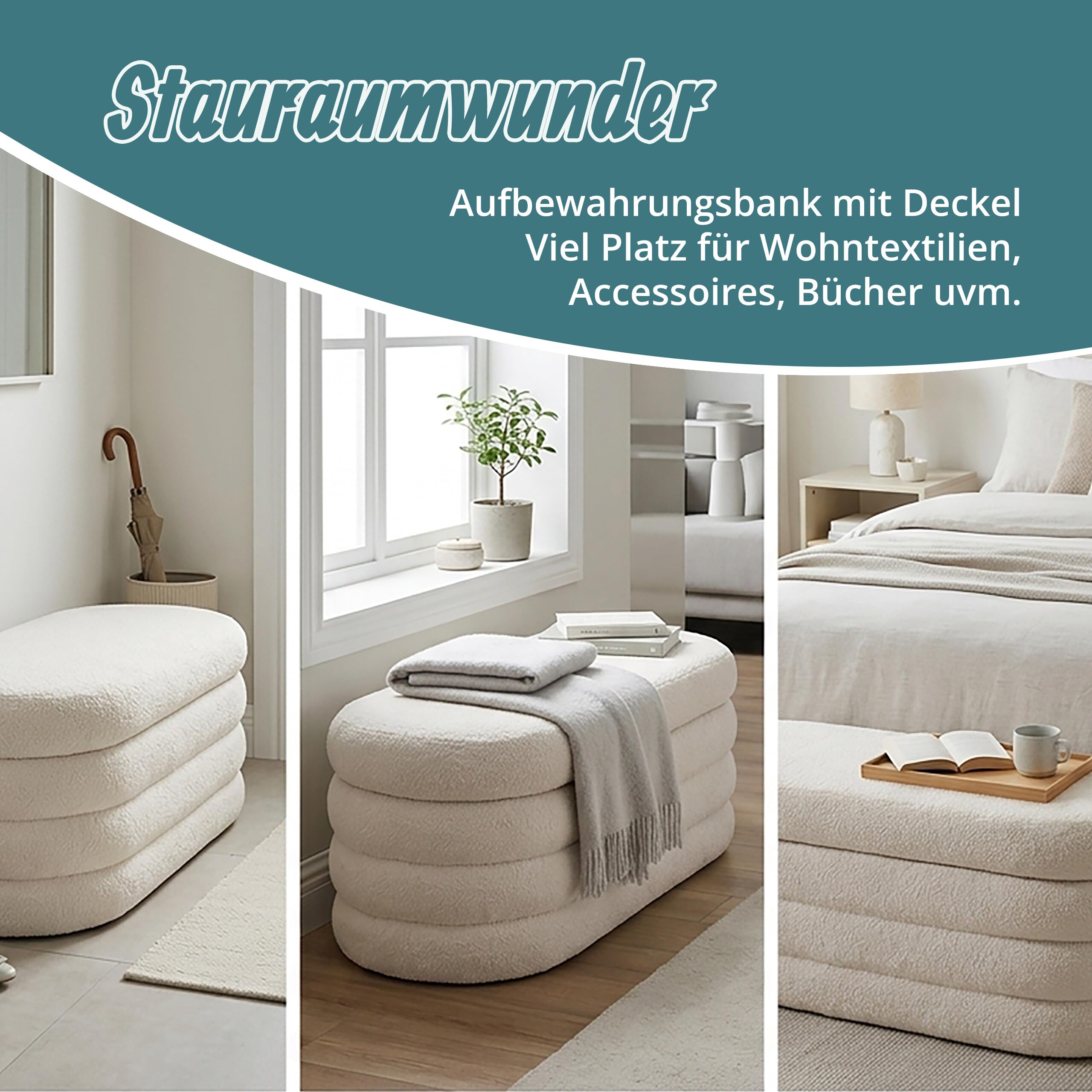 Relaxdays Sitzbank, Teddystoff, Stauraum, gepolstert, Flur, Schlafzimmer, HBT: 42 x 110 x 45 cm, Bouclé Sitztruhe, Creme