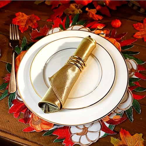 Miniatura 3 de Tigeen Juego de 8 manteles individuales de otoño, 15 pulgadas, redondos, de otoño, calabaza, hojas bordadas, manteles de mesa de otoño para Acción