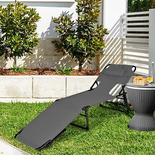 Miniatura 9 de Goplus Silla bronceadora, silla de playa plegable con agujero para cara y brazo, 5 posiciones ajustables, almohada extraíble, bolsillo lateral,