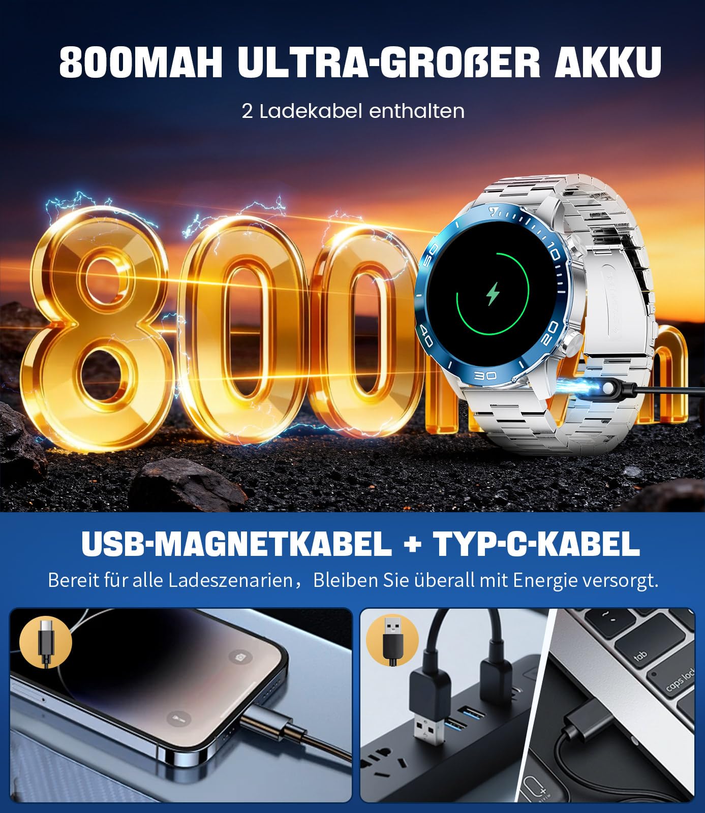 LIGE Smartwatch Herren mit Telefonfunktion, AMOLED Smart Watch für Android/iOS, IP68 Wasserdicht, 24/7 Herzfrequenz/Schlafmonitor, 170+ Sports, 300+ Zifferblätter, Silbernem Gehäuse & Blauer Blende
