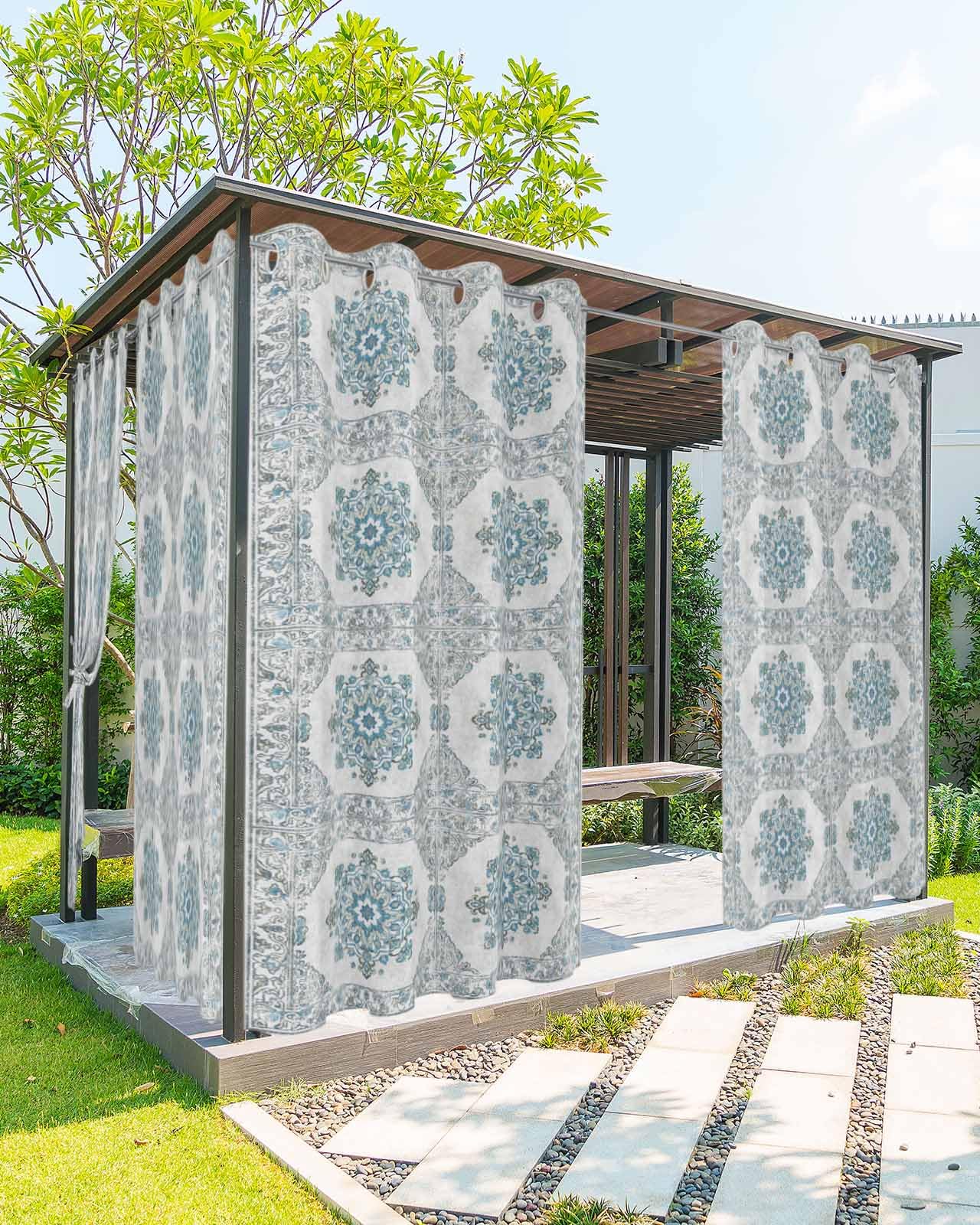 Outdoor Curtain for Patio Waterproof, Ethnic Vintage Patterns Floral Motifs Middle Eastern Outside Curtains with Grommet Top Curtain Panels Drapes for Pergola, Gazebo, Balcony 54