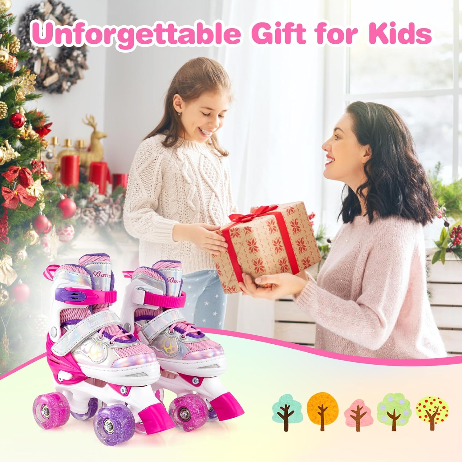 BABY JOY Roller Skates, 4 Sizes Adjustable Quad Skates for Girls Teens Adults 5-8 8-13 13+ with Light-up Wheels & Safety Protection, Fun Illuminating Birthday Gifts for Indoor Outdoor Sports