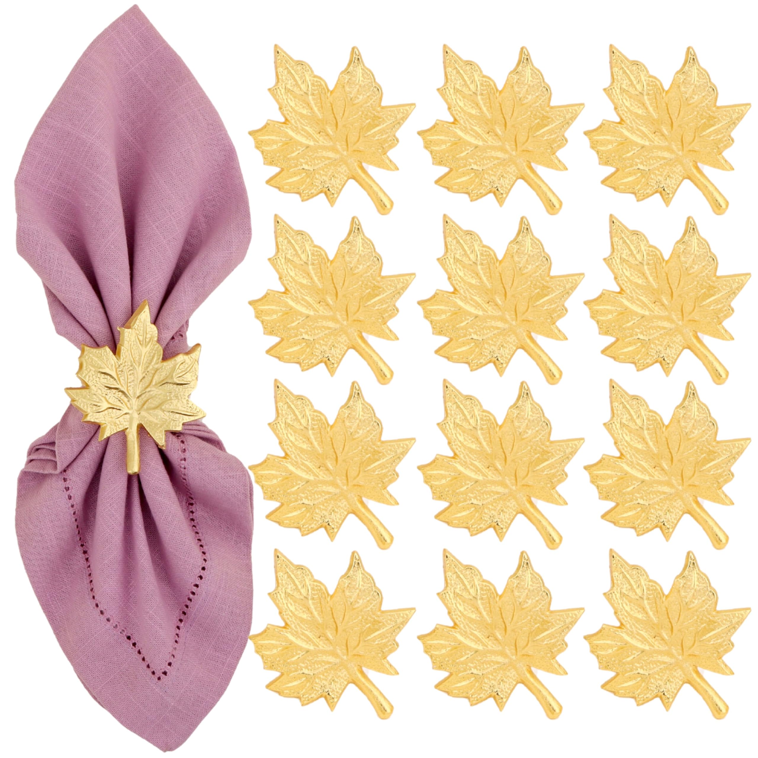 CLEENTABLE Maple Leaf Napkin Rings - Set of 12 Handcrafted Aluminum Napkin Holders for Cloth & Paper Napkins, Elegant Table Décor for Wedding Receptions Thanksgiving Christmas Holiday Parties (Gold)