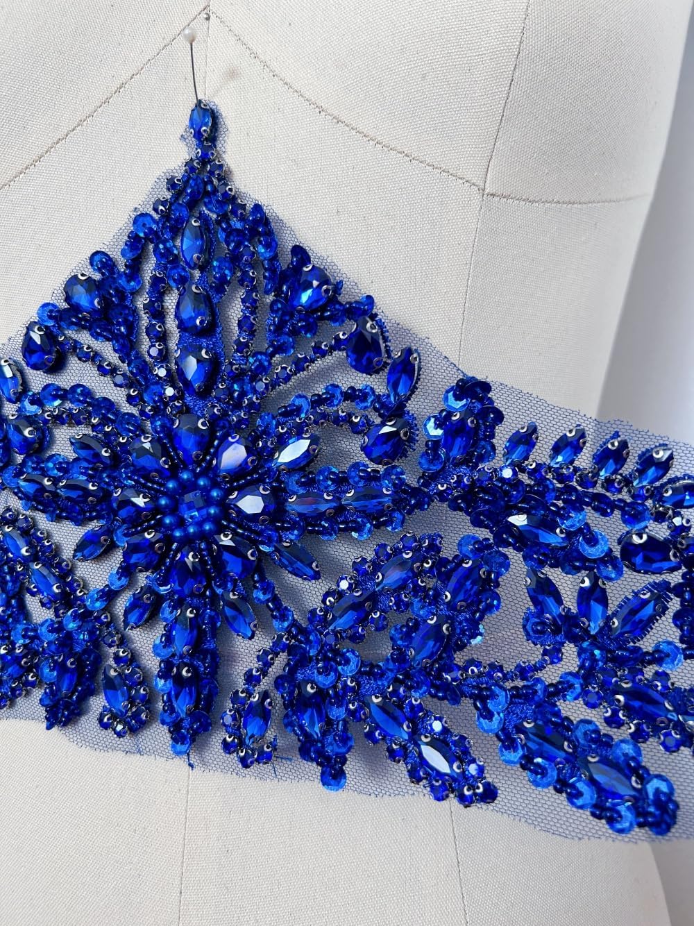 Handmade Rhinestones Lace Applique Trim Patches with Sewing Beads Sequins Glass Stones for Dress Clothing Belt Accessories (Blue)