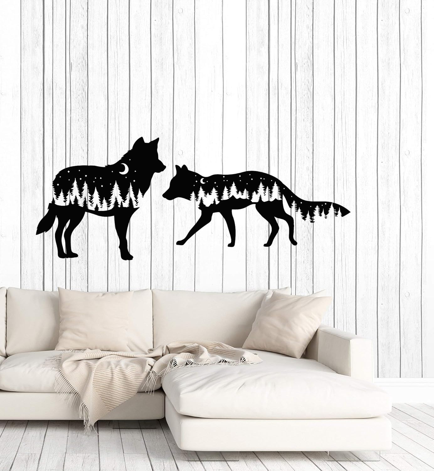 WallStickers4ever Vinyl Wall Decal Wolf Animals Kids Bedroom Night Moon Fir Trees Stickers Mural Large Decor (g3956) Black