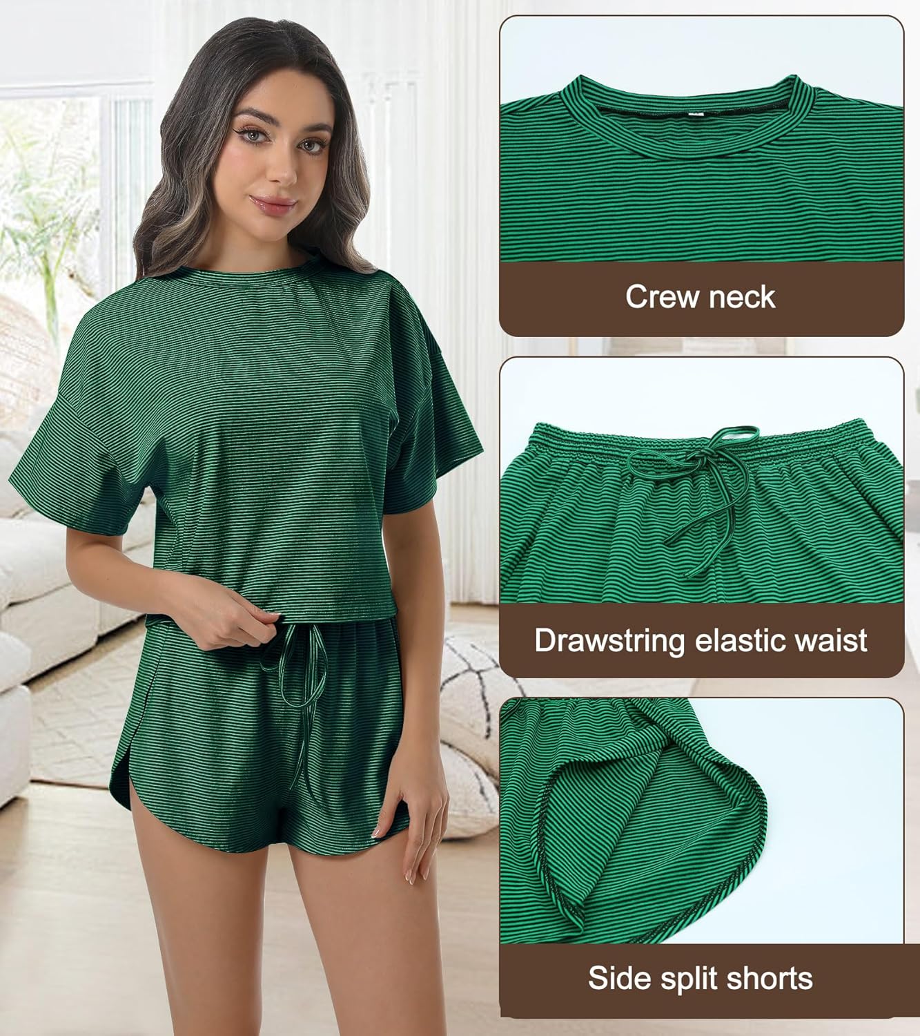 Allmloers Womens Split Short Pajama Set Striped Short Sleeve Crewneck Tee and Side Slit Sleepwear Set 2 Piece Cotton Pjs Set - Image 5