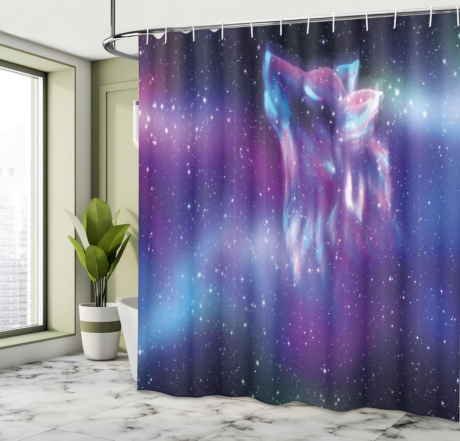 Ambesonne Fantasy Shower Curtain, Psychedelic Northern Starry Sky of a Wolf Aurora Borealis Display, Cloth Fabric Bathroom Decor Set with Hooks, 69" W x 70" L, Blue Purple