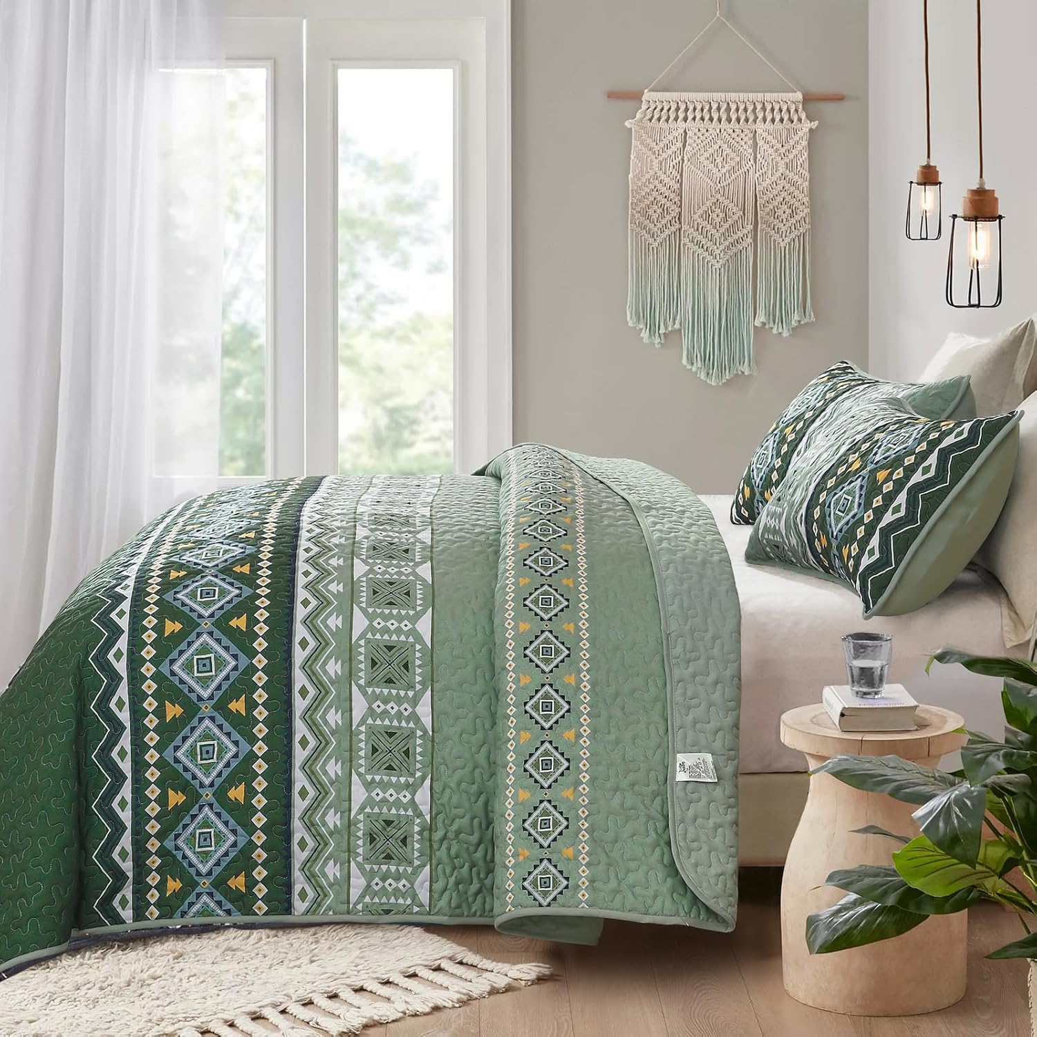 WONGS BEDDING Green Quilt Set Queen Size,3 Pieces Boho Bedspread Coverlet Set,Soft Bohemian Bedding Set Queen for All Season 96"×90" - Image 3