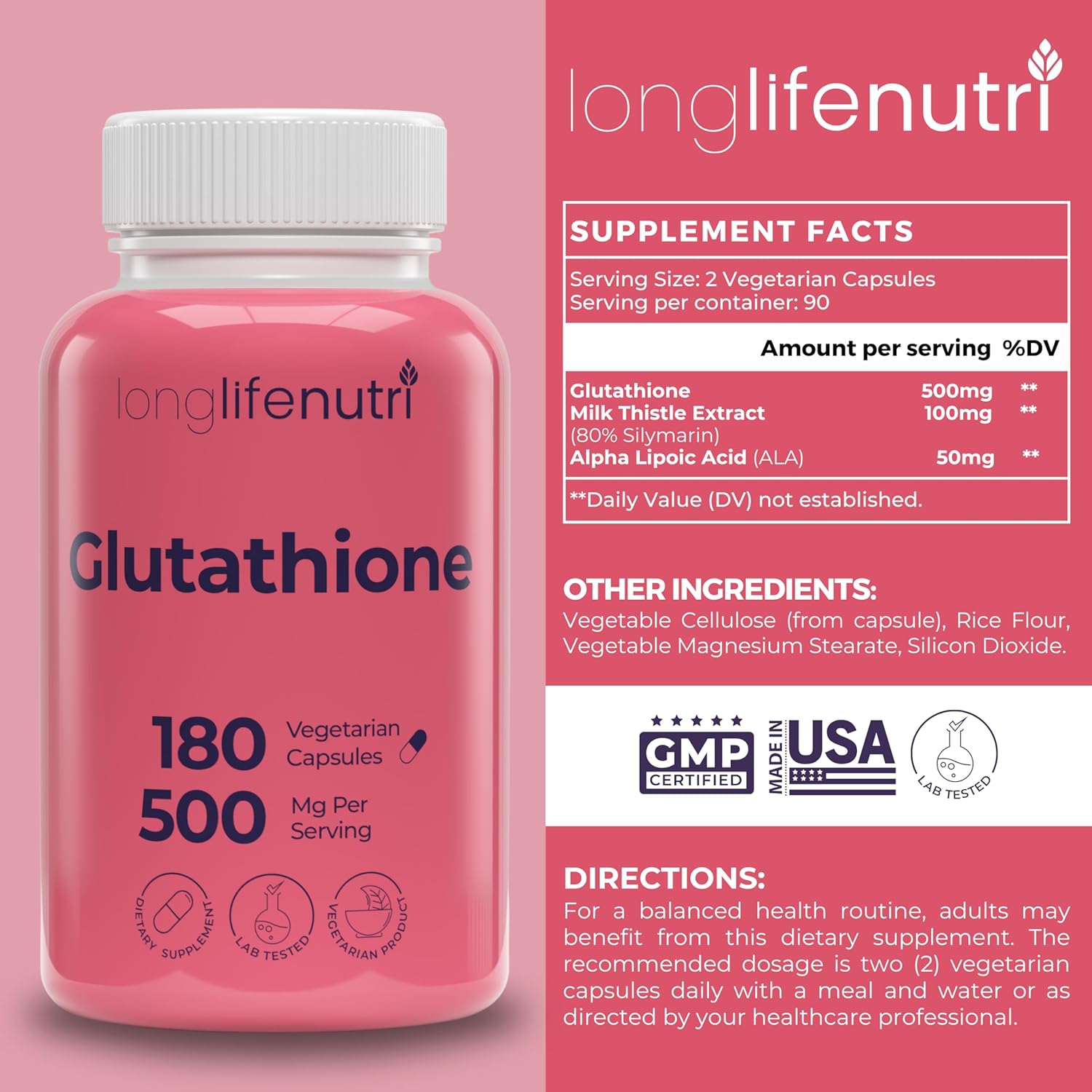 Reduced Glutathione 500mg – with White Milk Thistle and Alpha Lipoic Acid, 180 Vegetarian Capsules, Natural Antioxidant, 3-Month Supply, GMP Certified, Made in USA