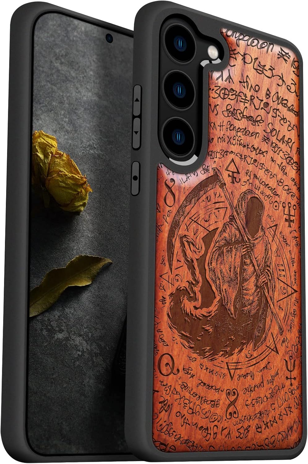 Carveit Wood Case for Galaxy S23 Case [Natural Wood & Black Soft TPU] Shockproof Protective Cover Unique Wooden Design Compatible with Samsung S23 (The Grim Reaper of Carved-Rosy)