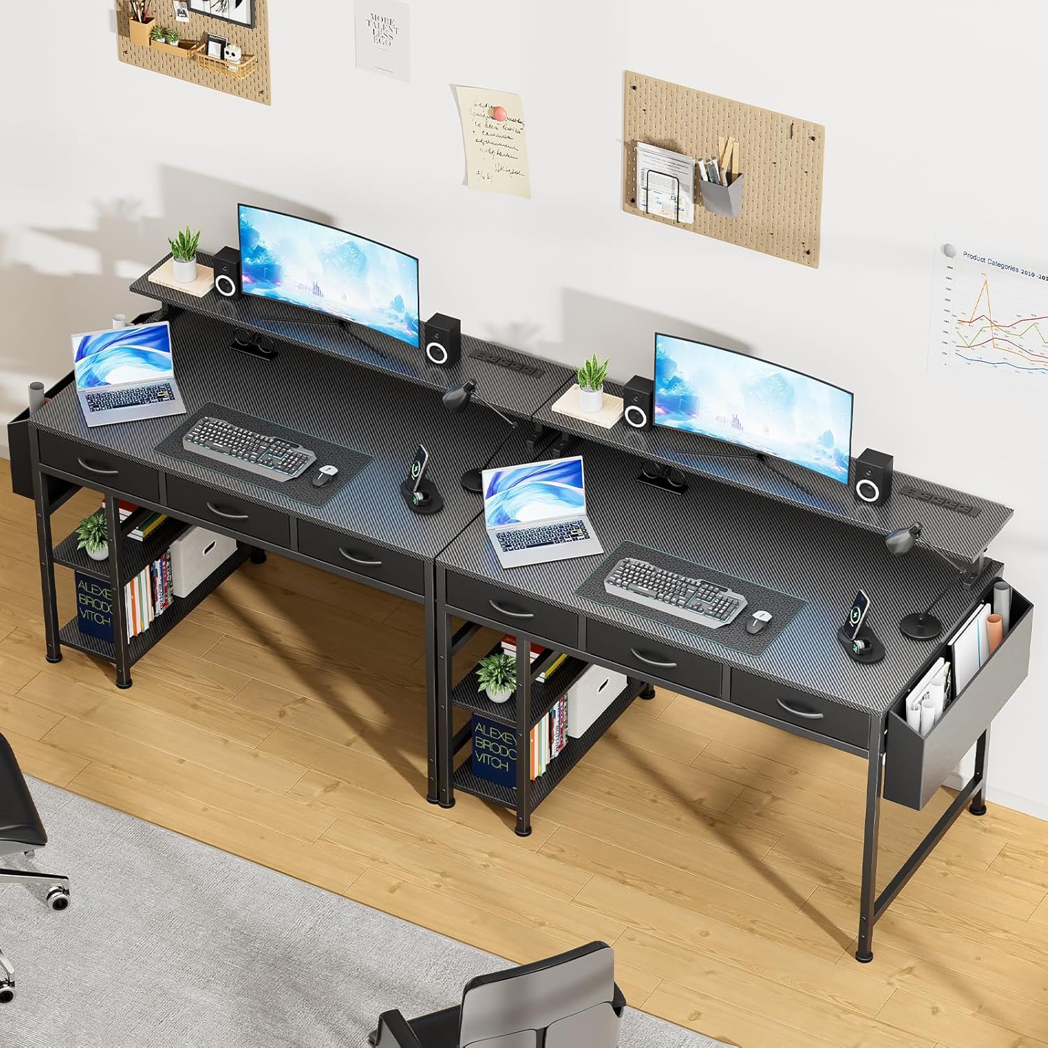 DOMICON Black Gaming Desk with LED Lights and Power Outlets, 47 Inch Computer Desk with 3 Drawers and Adjustable Monitor Stand, Home Office Desks with Charging Station USB Port, Study Writing Table